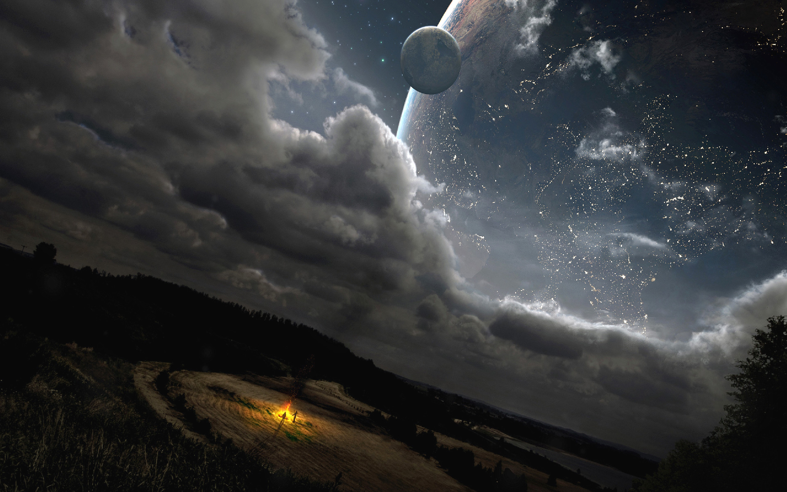 Fantascienza, Pianeta, Nuvole tempestose, Cielo stellato, Notte, wallpaper 2560x1600