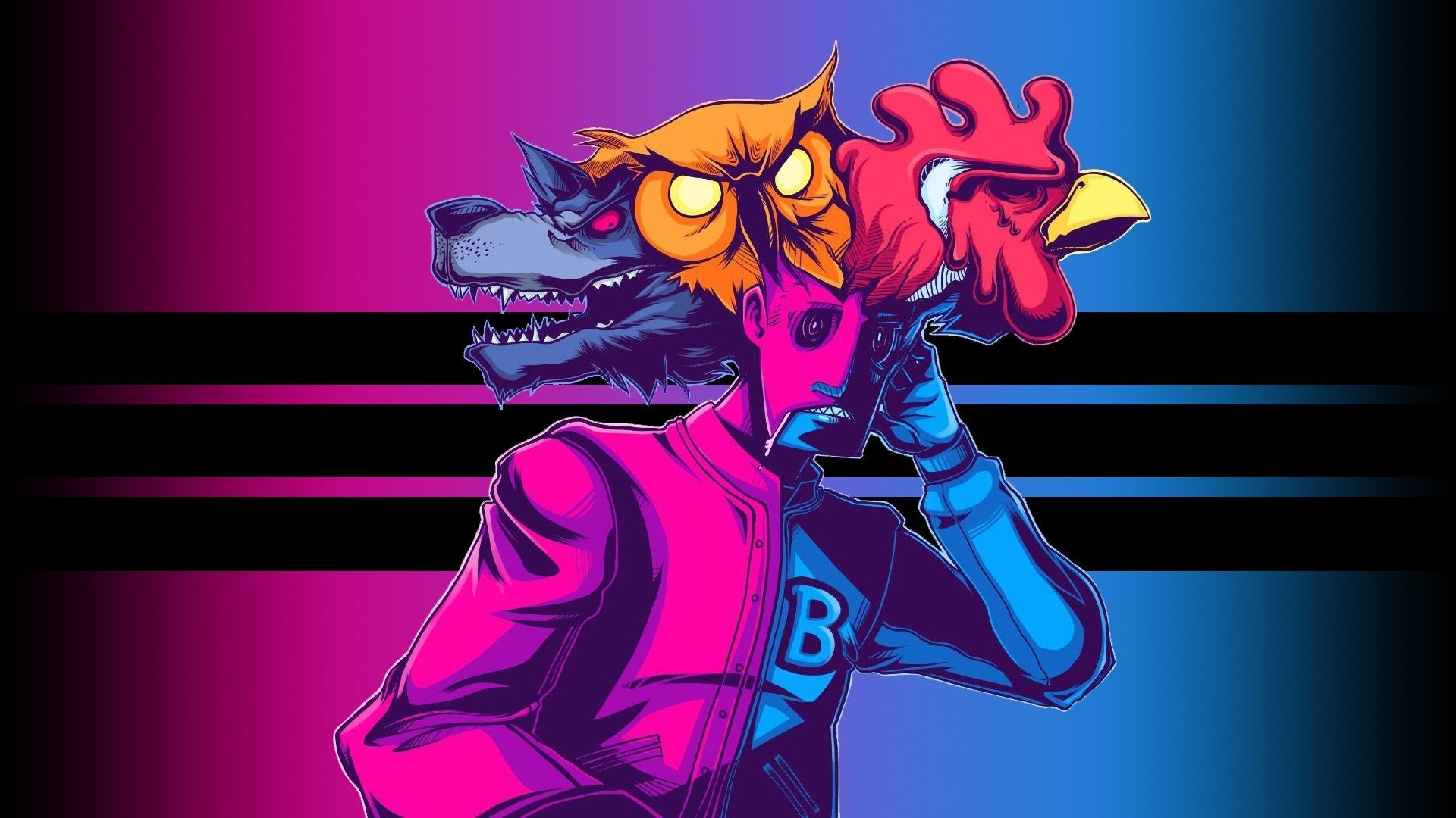 Hotline Miami, Jacket, Maschere animali, Retrowave, Magenta, Full HD, sfondo desktop