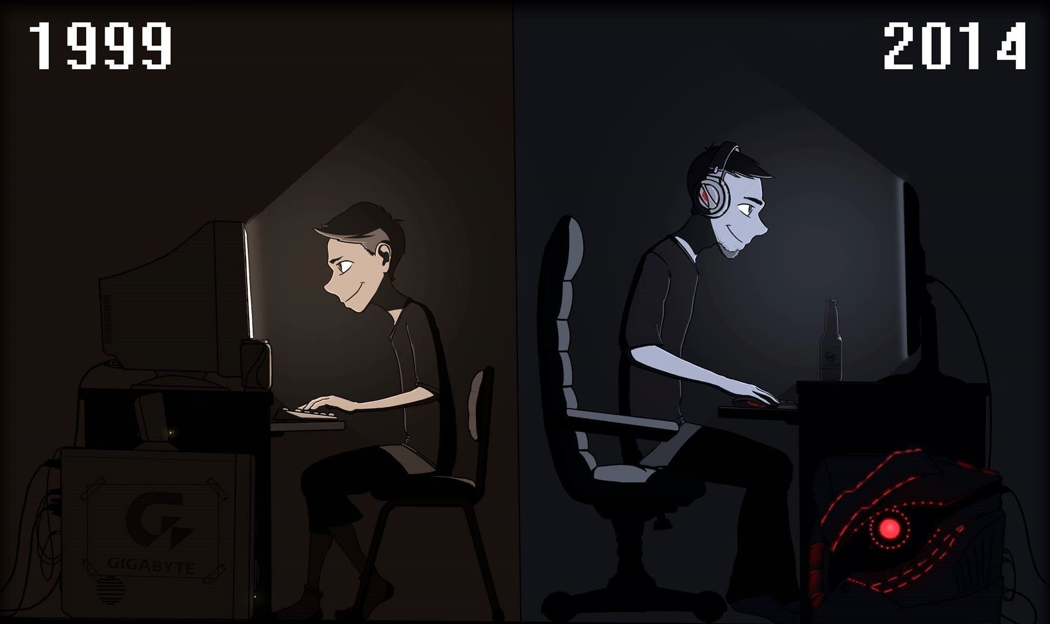 Gamer, 1999 vs 2014, Illustrazione, PC, Full HD, sfondo desktop