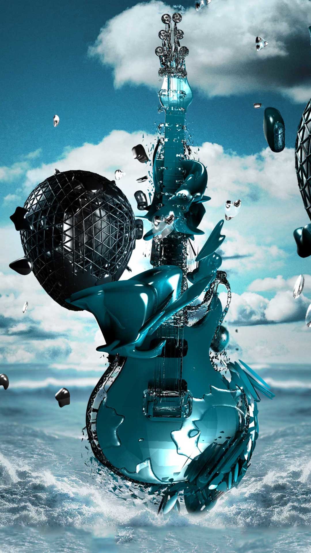 Chitarra elettrica, Acqua, Cielo, Arte digitale, Full HD, sfondo verticale per cellulare