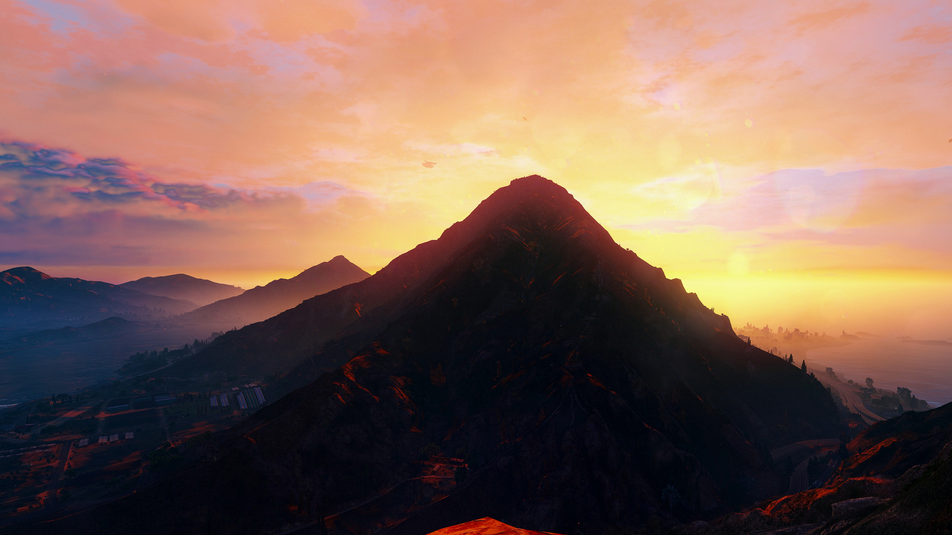 Grand Theft Auto V, Mount Chiliad, Tramonto, Montagna, Paesaggio, sfondo desktop Full HD