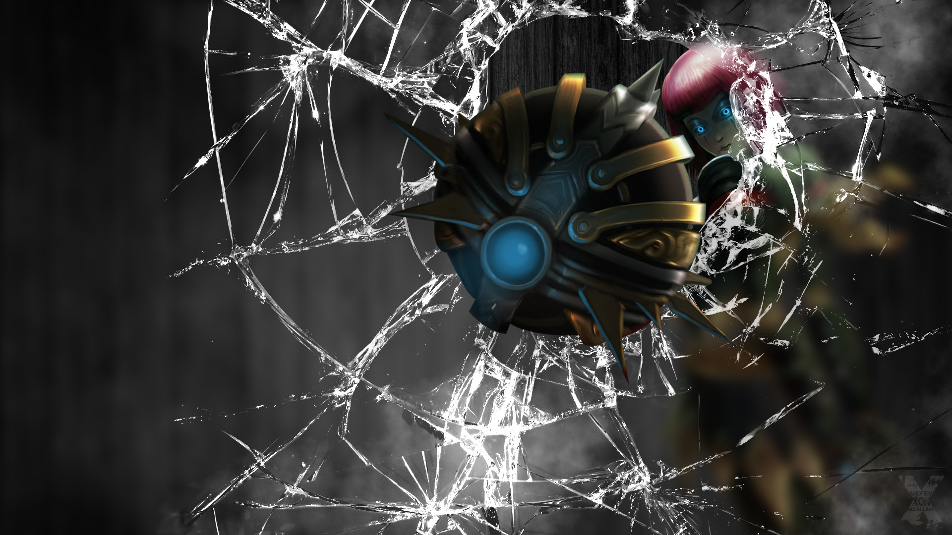 Blitzcrank, League of Legends, Vetro rotto, Bianco e nero, 1920x1080, sfondo per PC