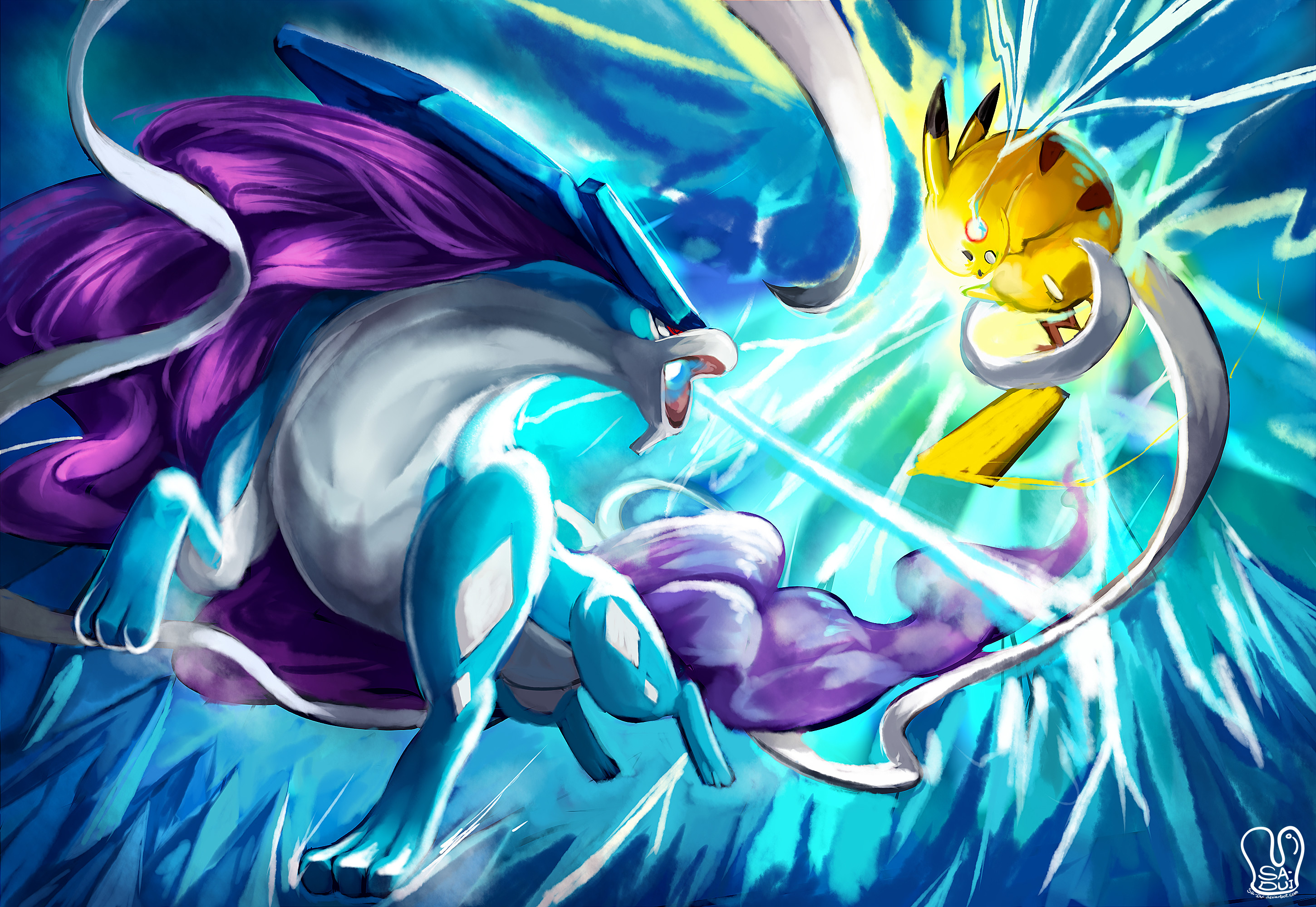 Pikachu, Suicune, Pokémon, Battaglia, Fulmine, 2K, sfondo per PC e portatile