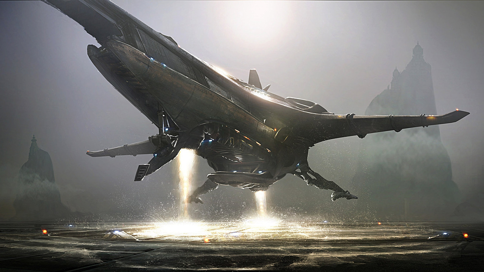 Astronave, Atterraggio, Nebbia, Fantascienza, Arte concettuale, Full HD, sfondo desktop
