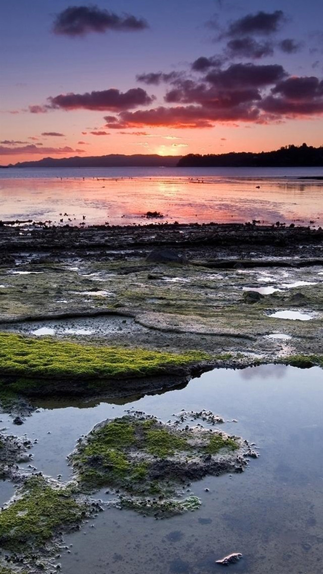 Costa rocciosa, Bassa marea, Tramonto, Full HD, schermata di blocco del cellulare