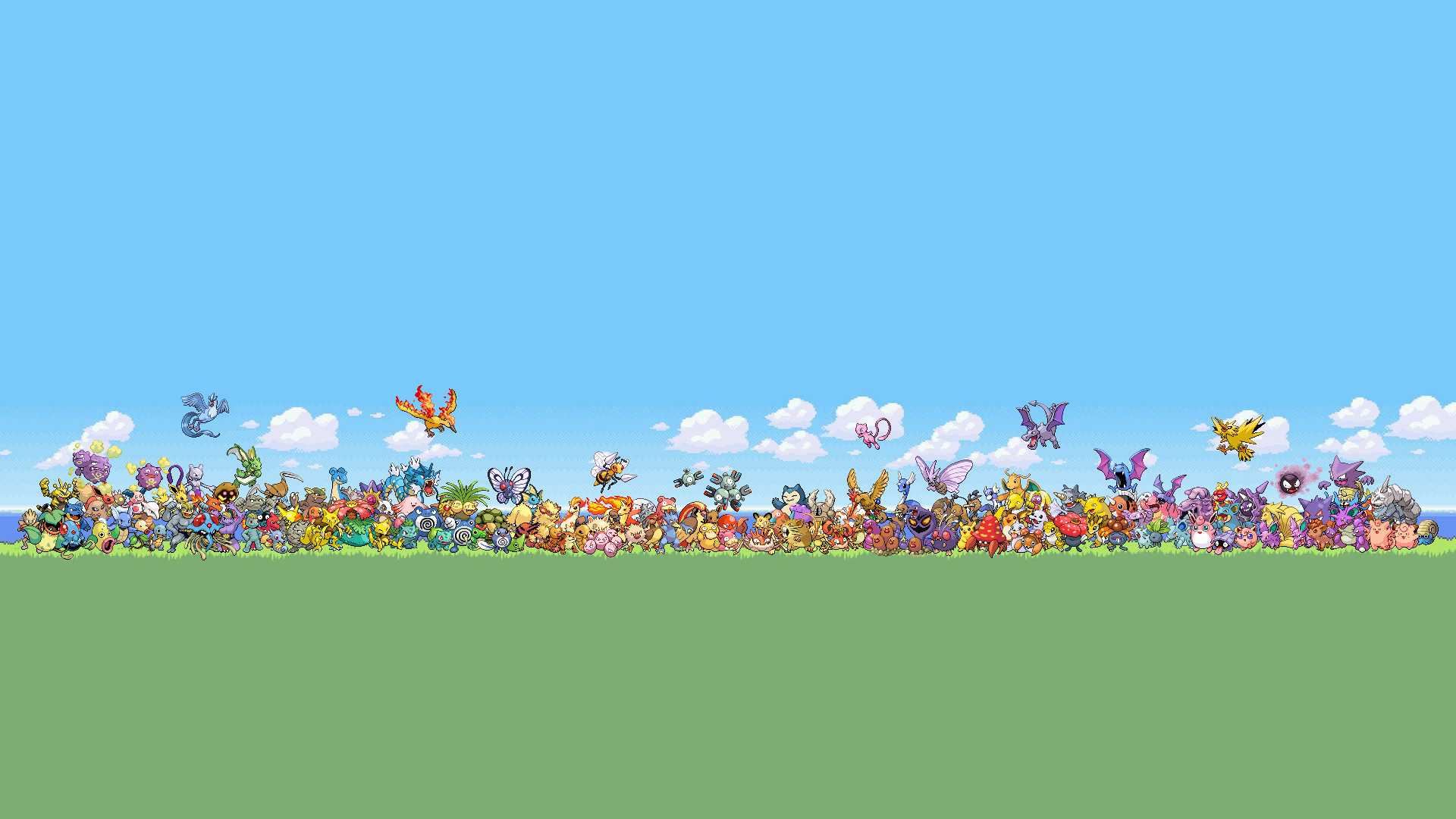 Pokémon, Folla, Pixel art, Prato, Cielo azzurro, Full HD, sfondo Windows 11