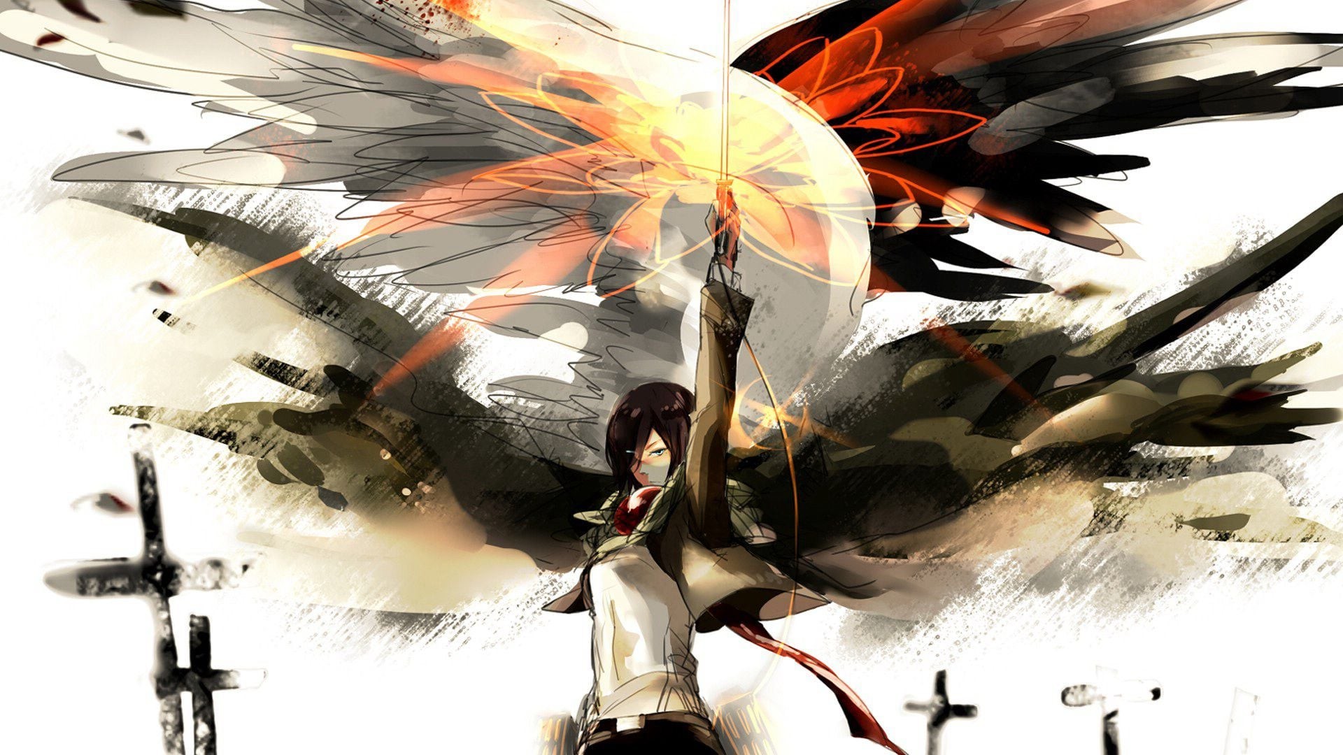 Mikasa Ackerman, L'attacco dei giganti, Ali, Croci, Arte digitale, sfondo desktop 1080p