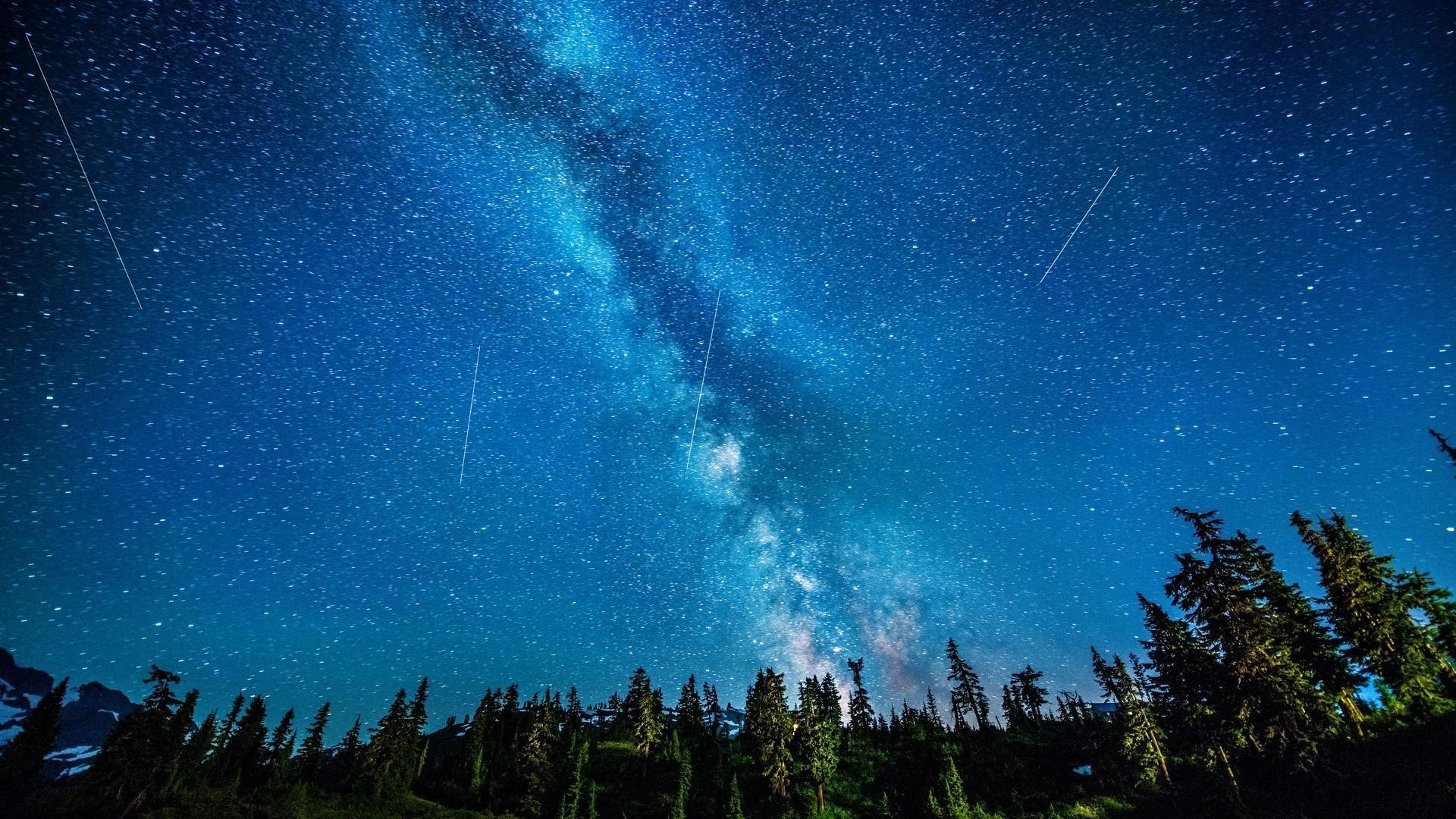 Via Lattea, Foresta, Stelle cadenti, Cielo stellato, Blu, Full HD, sfondo desktop
