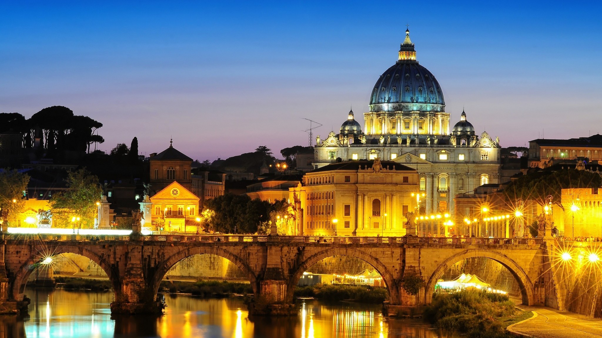 Basilica di San Pietro, Ponte Sant'Angelo, Tevere, Roma, Notte, Full HD, sfondo per PC