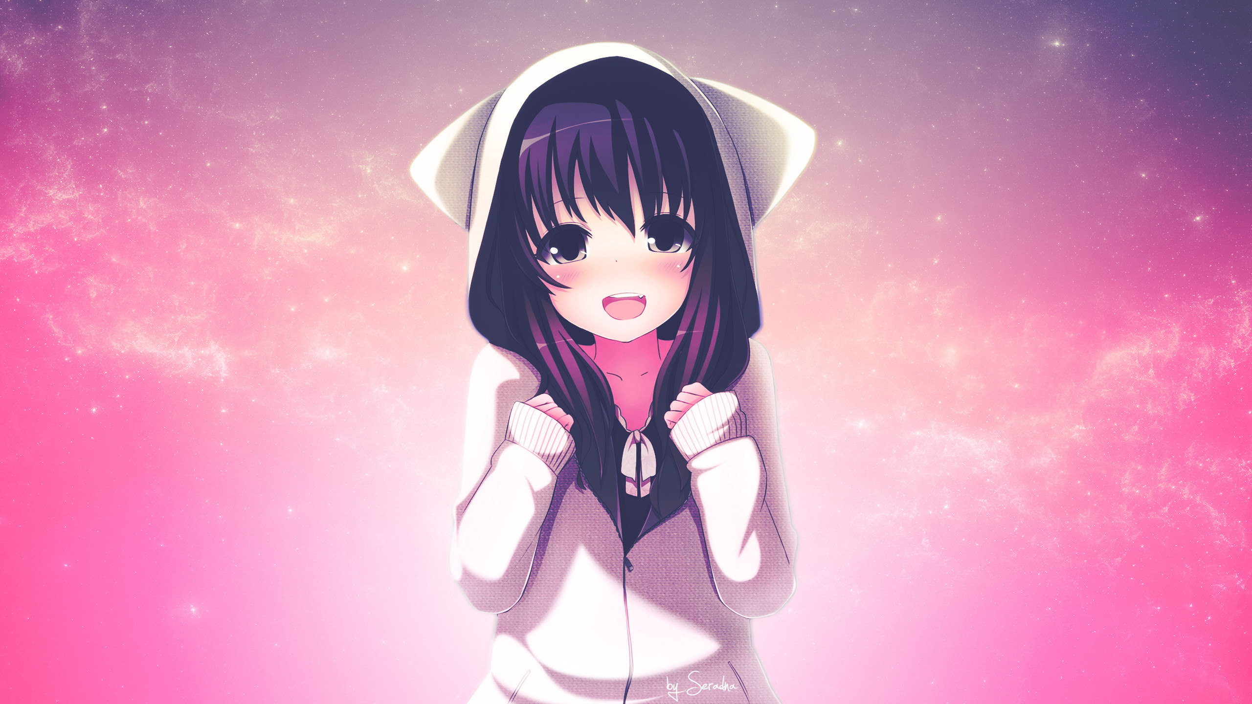 Ragazza anime, Felpa con orecchie, Kawaii, Sfondo rosa, 2K, wallpaper per PC