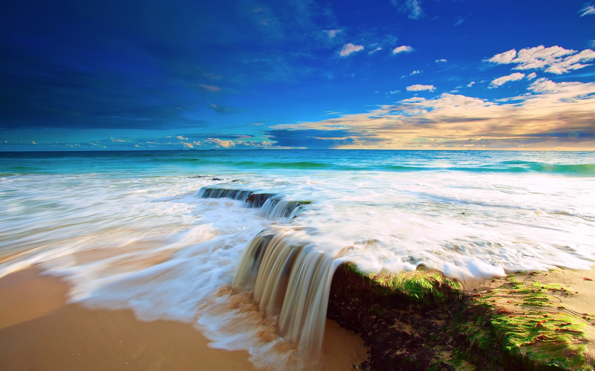 Onde, Cascata sulla spiaggia, Mare, Lunga esposizione, wallpaper per desktop
