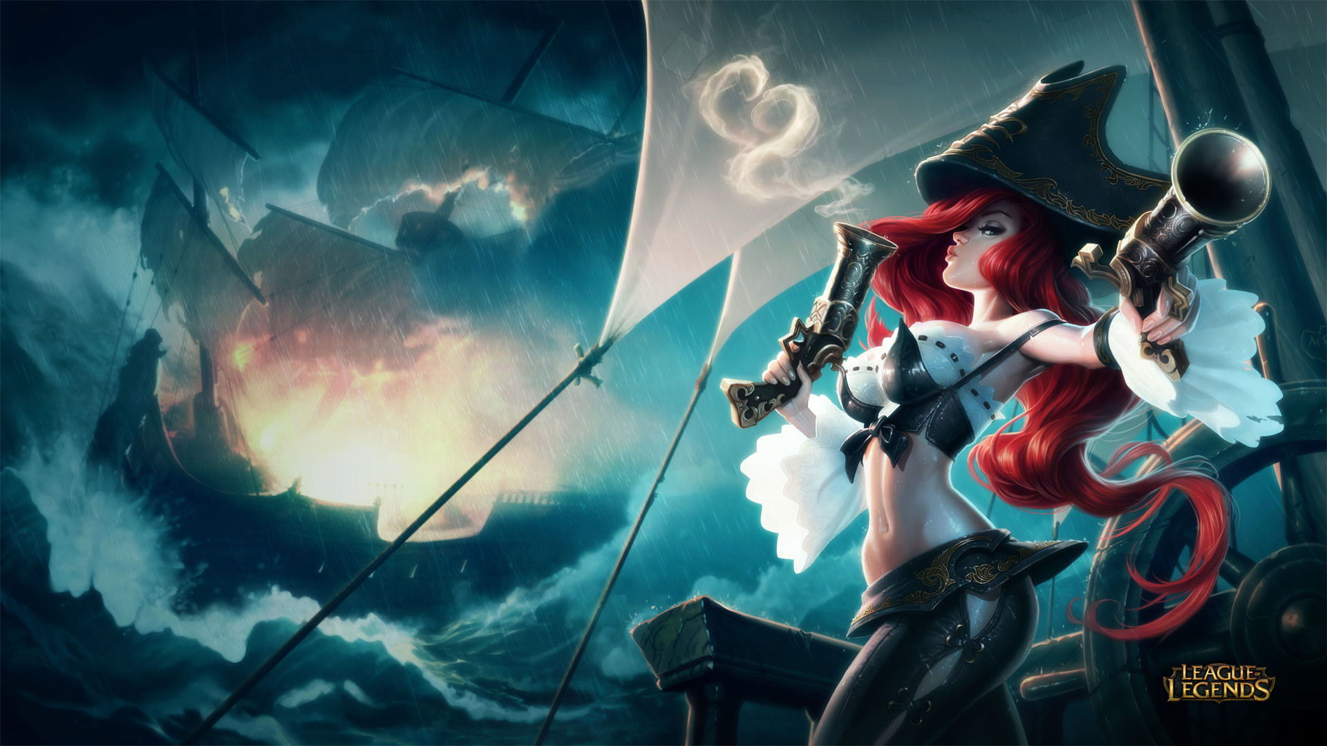 Miss Fortune, League of Legends, Nave pirata, Mare in tempesta, 1920x1080, immagine di sfondo