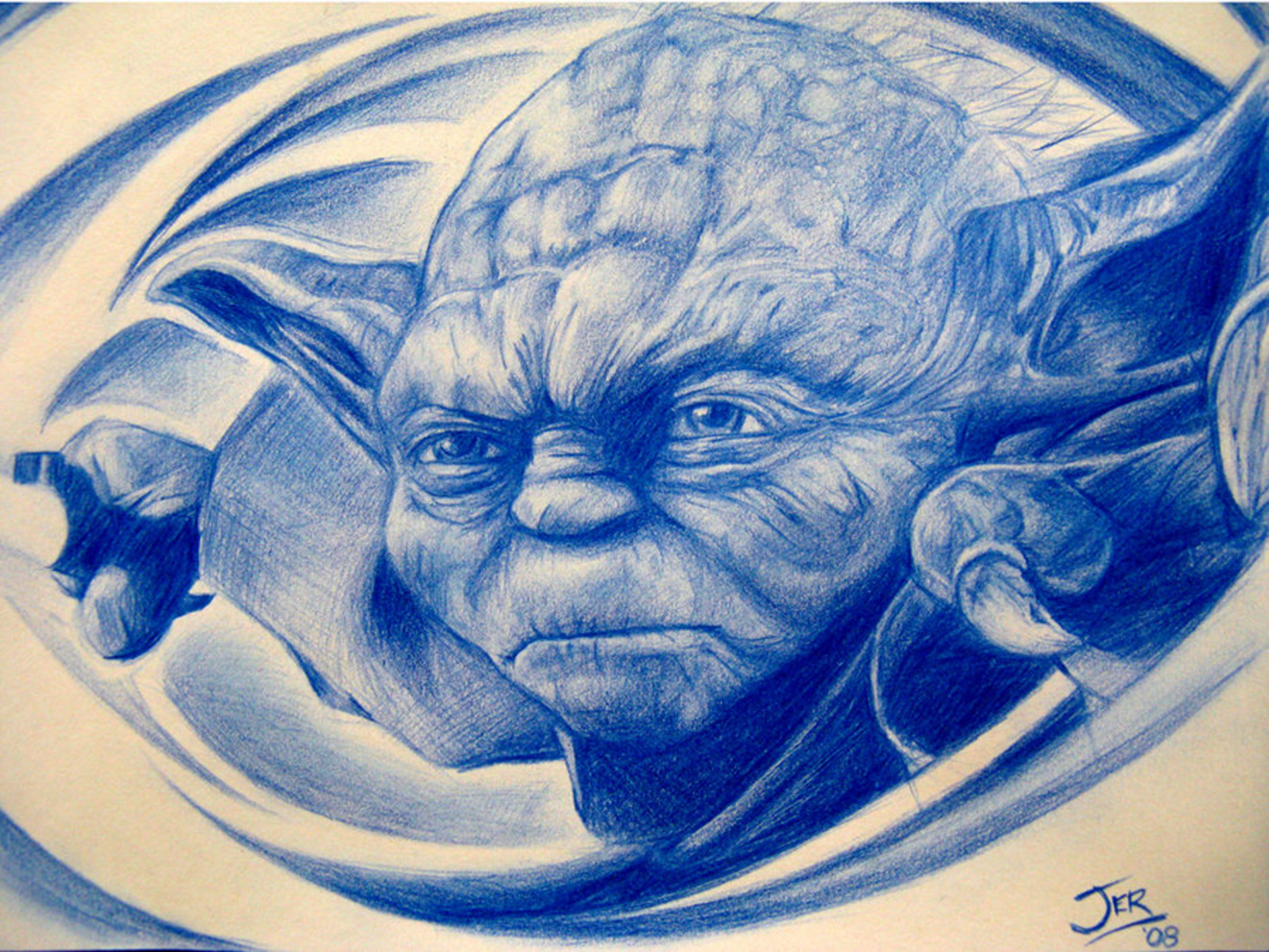 Yoda, Disegno a penna, Blu, Ritratto, sfondo per iPad e tablet
