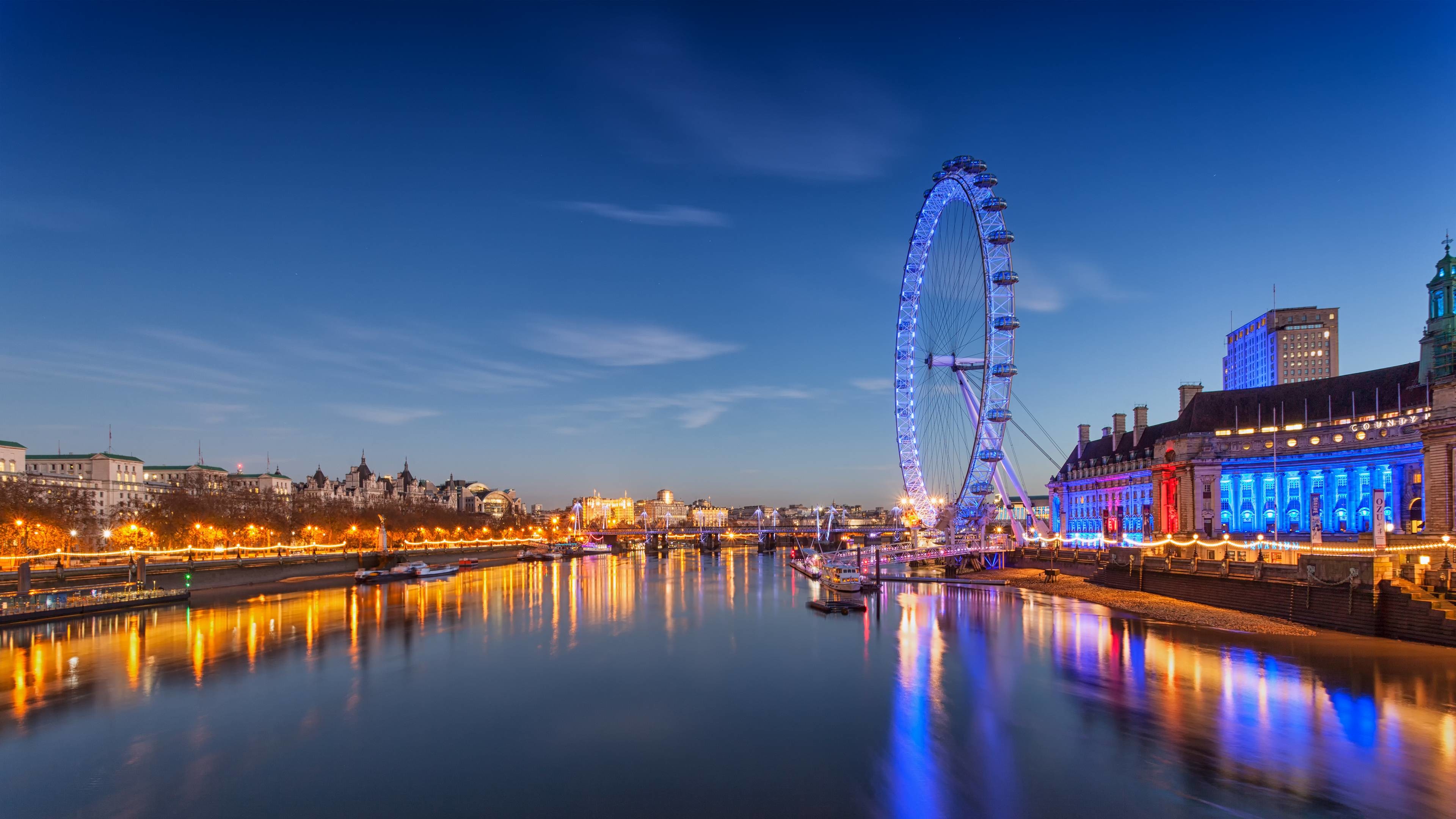 London Eye, Tamigi, Londra, County Hall, Crepuscolo, 16:9 4K, sfondo widescreen