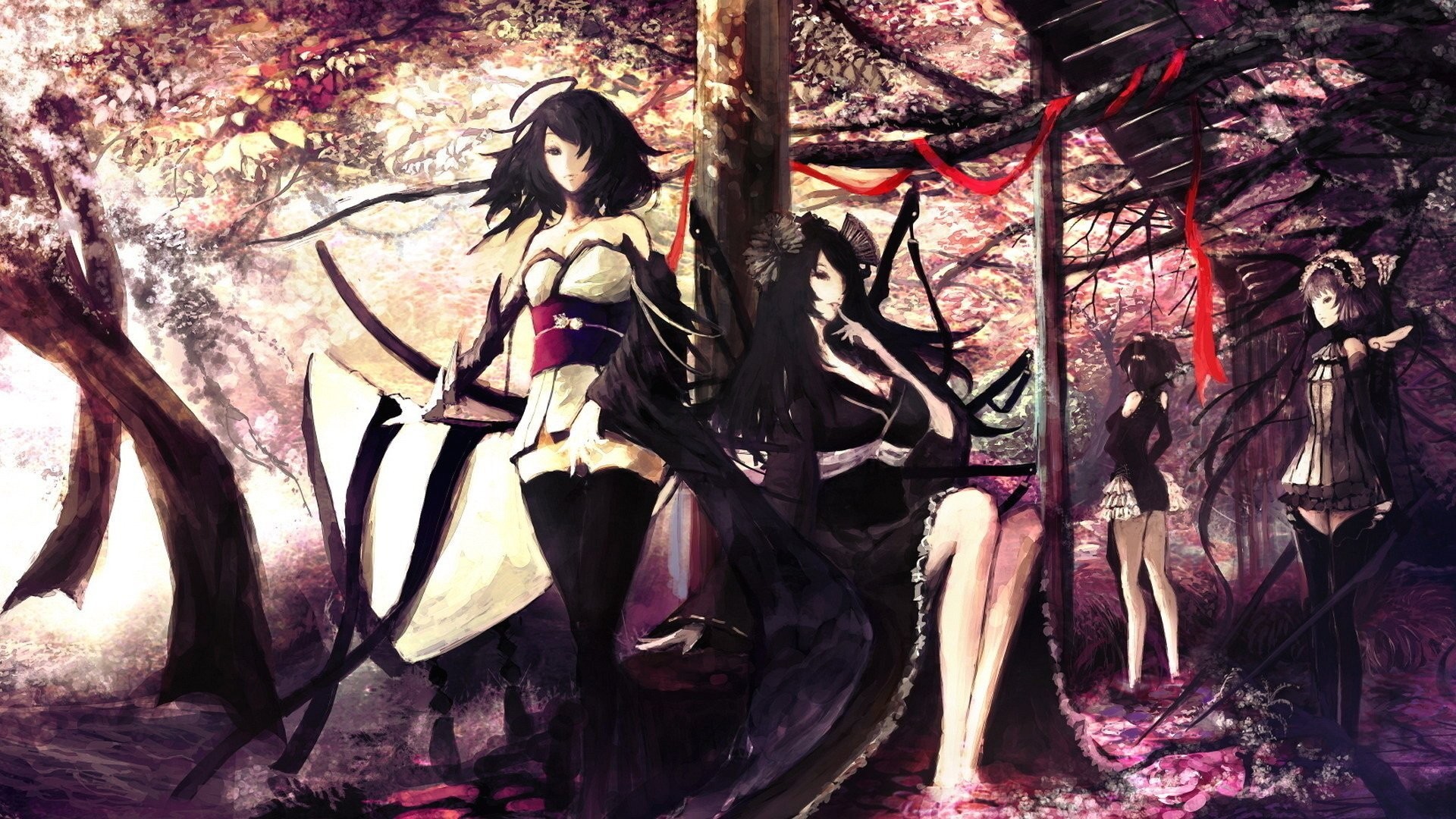 Ragazze anime, Ciliegi, Spada, Torii, Rosa, Full HD, sfondo per portatile