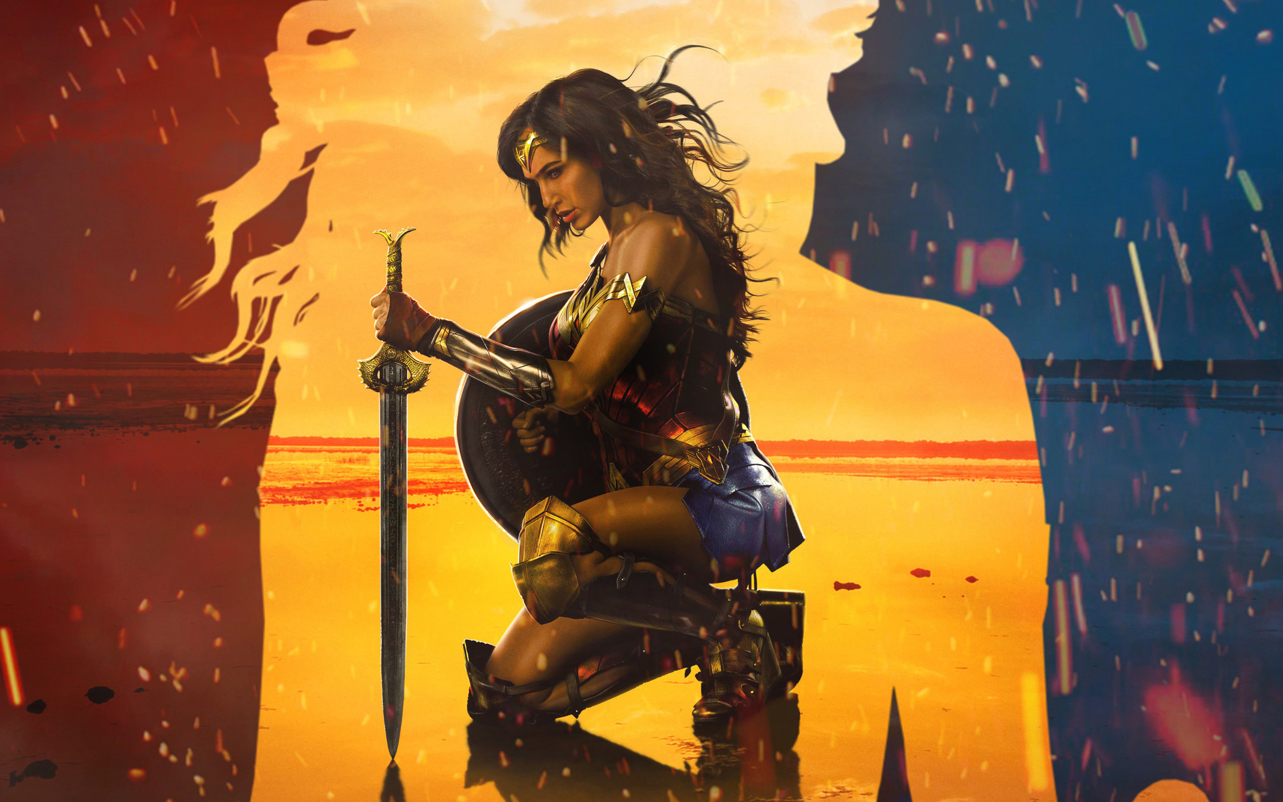 Wonder Woman, Gal Gadot, Doppia esposizione, Tramonto, Spada, 2K, sfondo per portatile