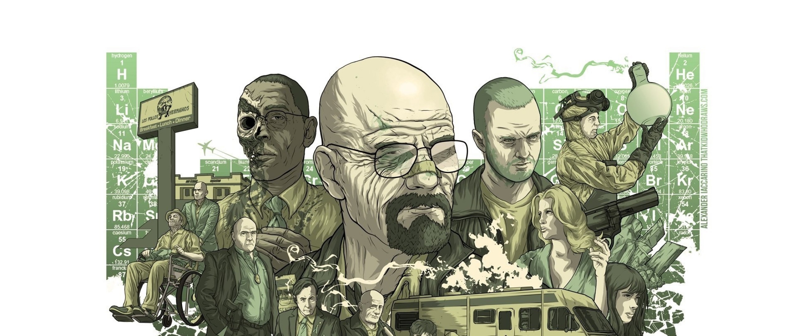 Walter White, Jesse Pinkman, Gus Fring, Breaking Bad, Illustrazione, Collage, sfondo ultrawide