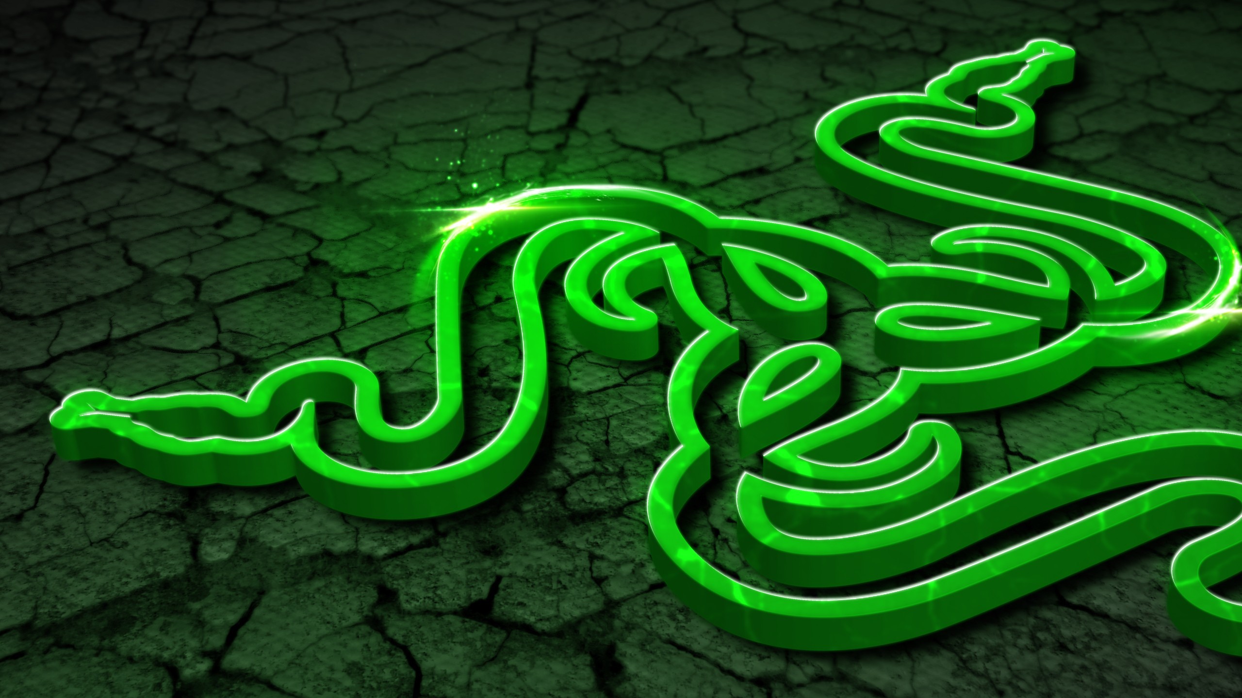 Razer, Logo Razer 3D, Neon verde, Terra crepata, 2K, sfondo per PC e portatile