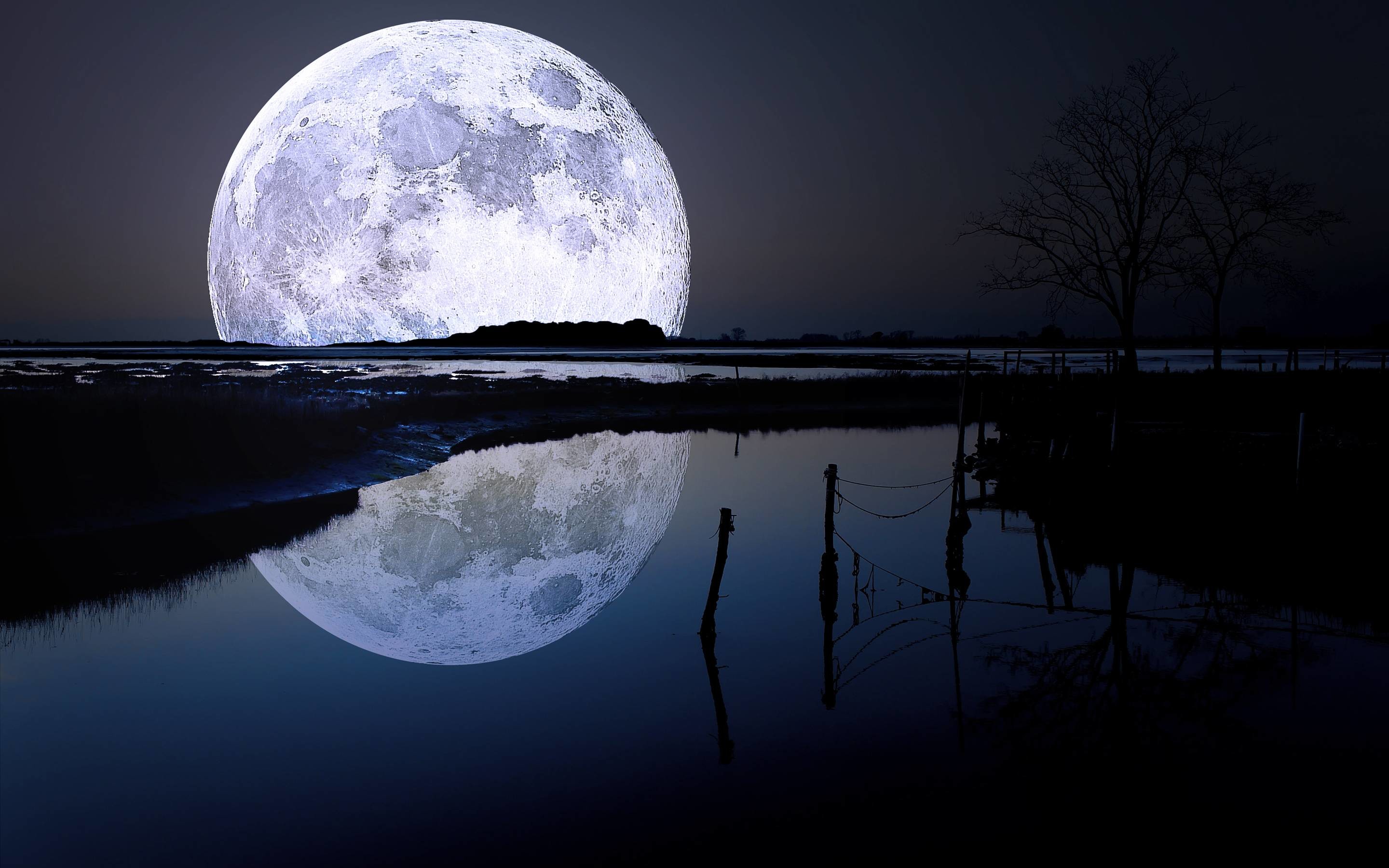 Luna piena, Lago, Riflesso, Notte, 2880x1800, sfondo MacBook Pro