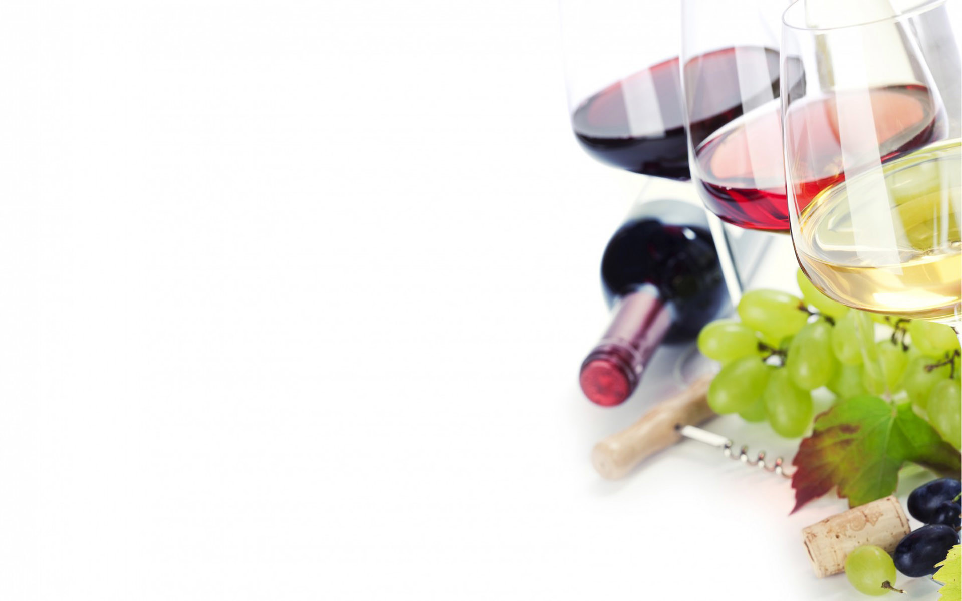 Calici di vino, Vino rosso, Vino bianco, Uva, Cavatappi, Sfondo bianco, wallpaper per portatile