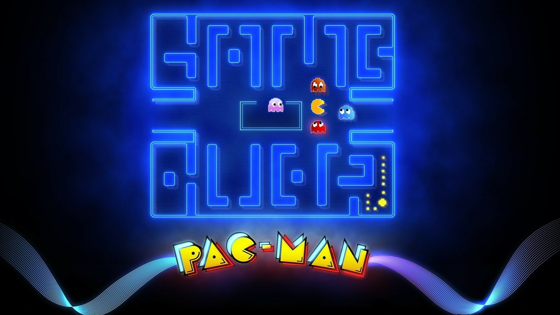Pac-Man, Labirinto, Neon blu, Logo Pac-Man, Fantasmi, Full HD, sfondo per PC
