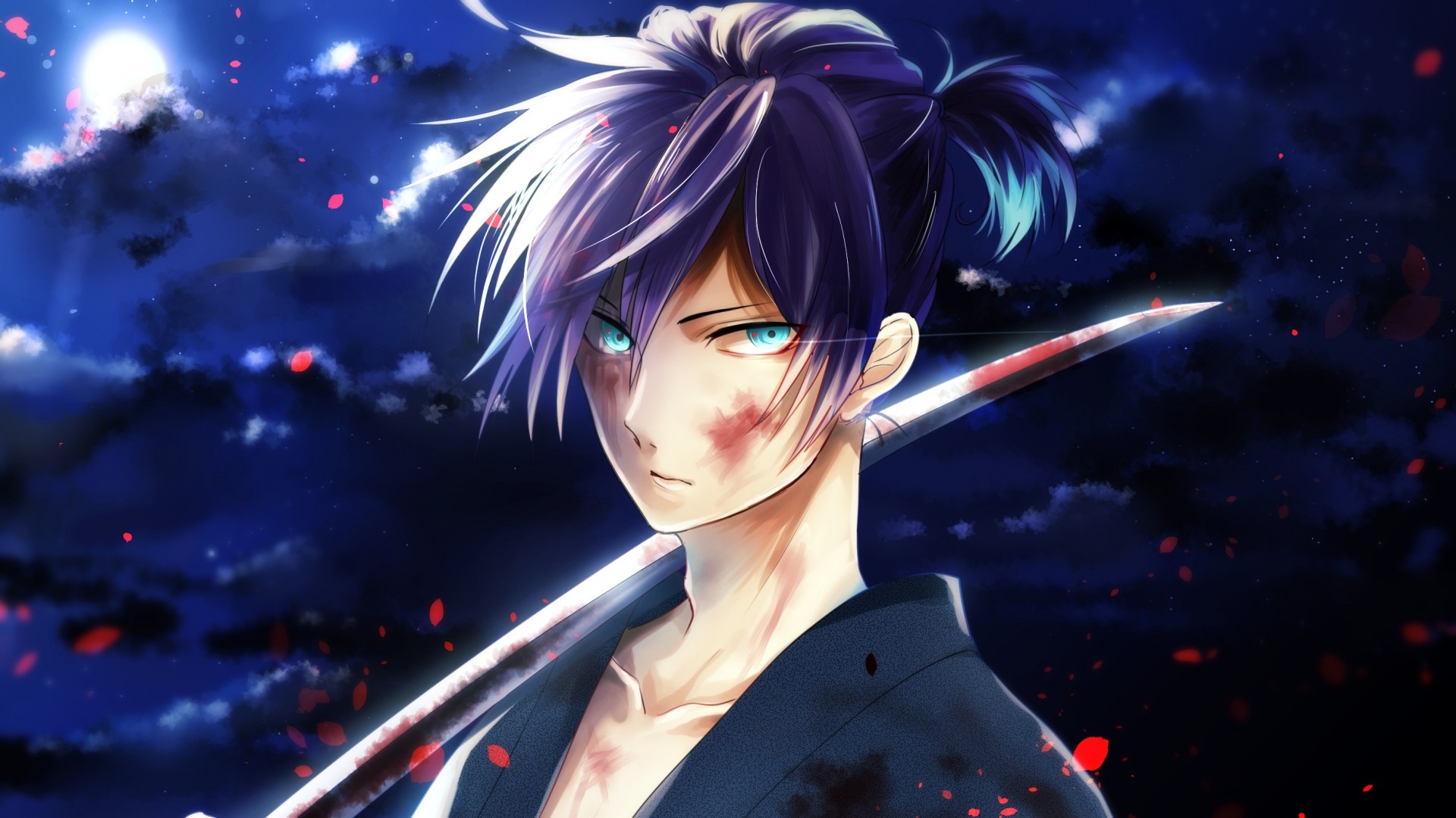 Yato, Noragami, Spada, Notte, Blu, 16:9 Full HD, sfondo widescreen