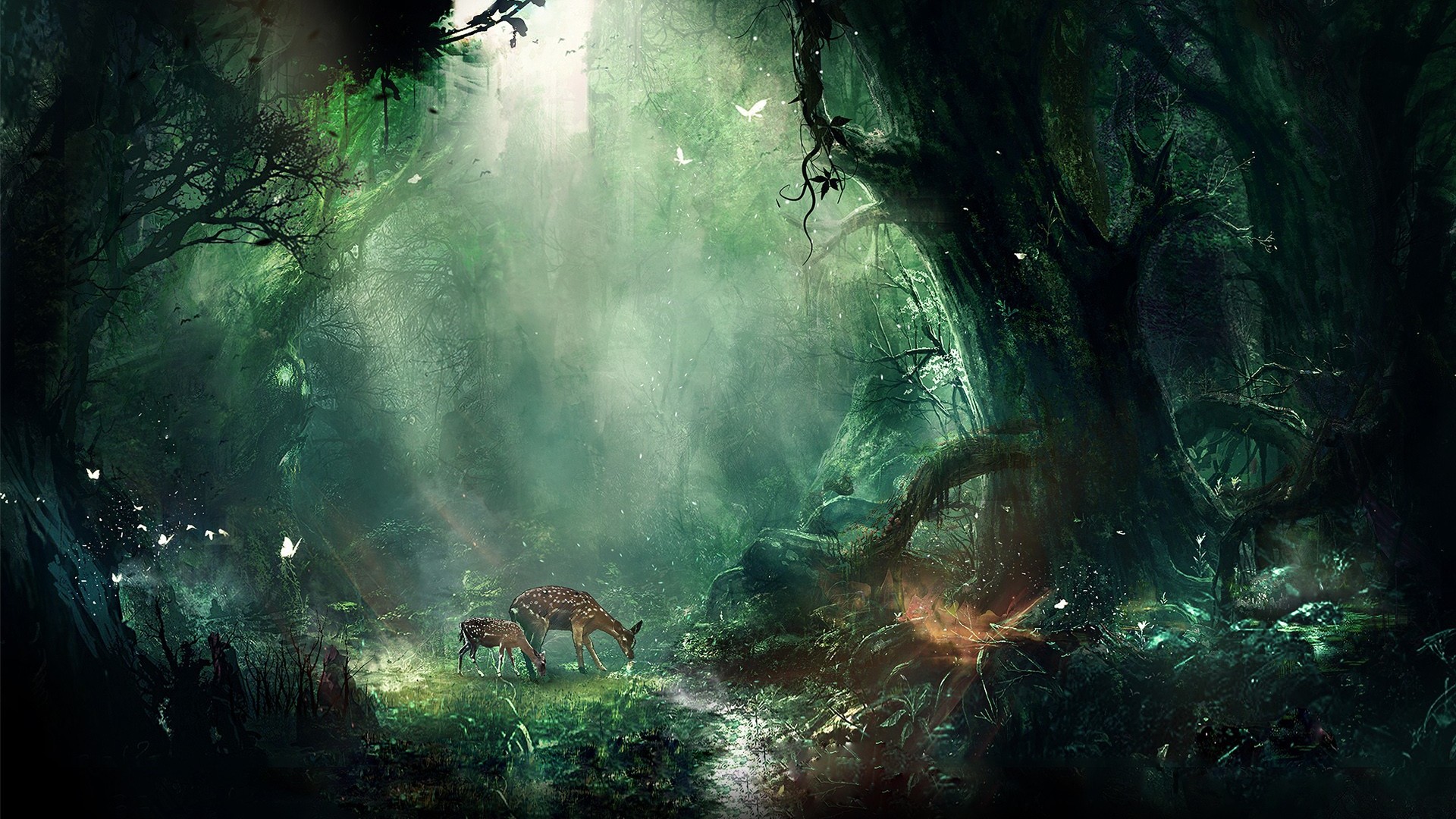Foresta fantasy, Cervi, Raggi di luce, Verde, Full HD, sfondo per portatile