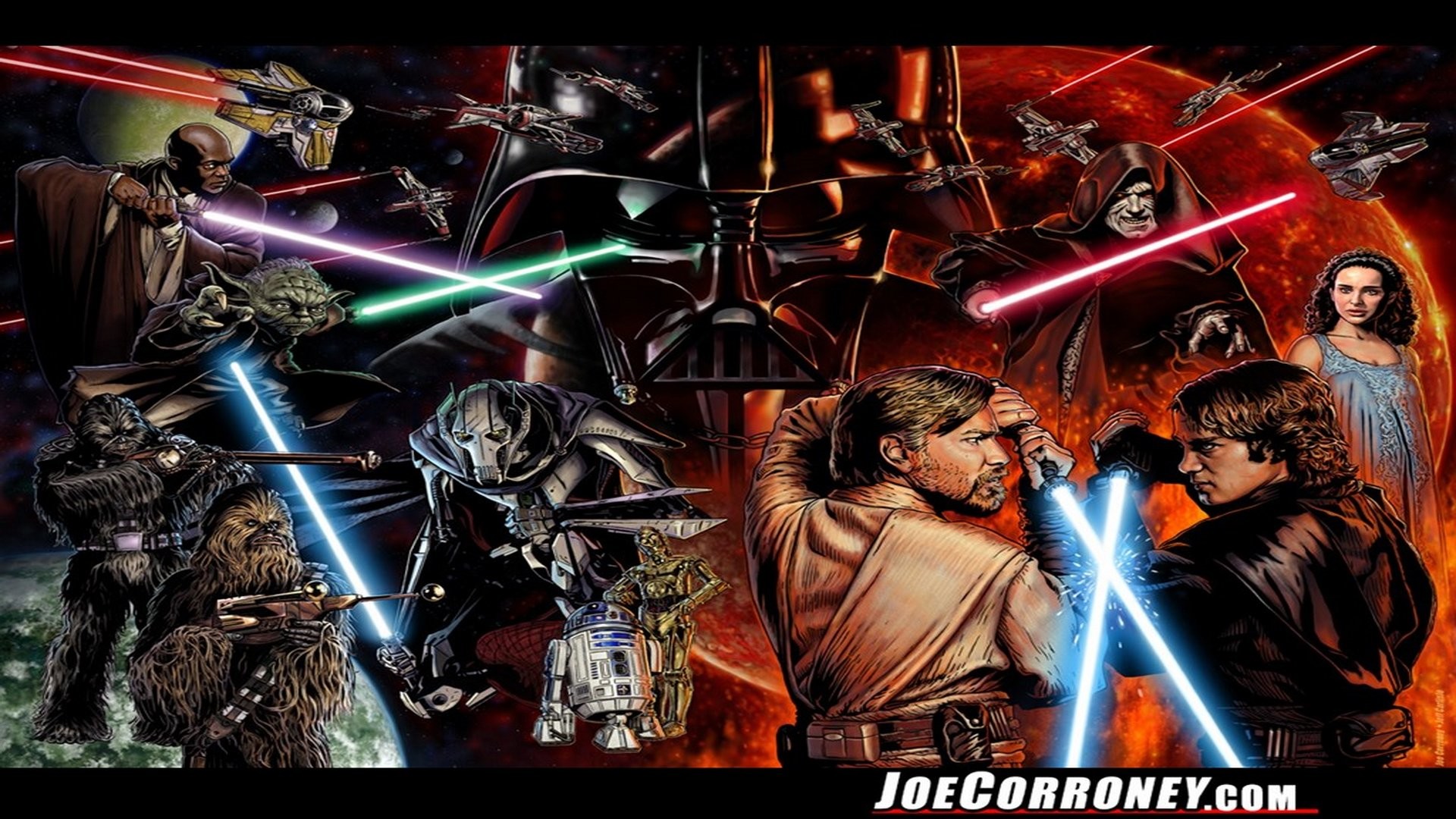 Star Wars, Obi-Wan Kenobi, Generale Grievous, Chewbacca, Spade laser, Illustrazione, sfondo desktop