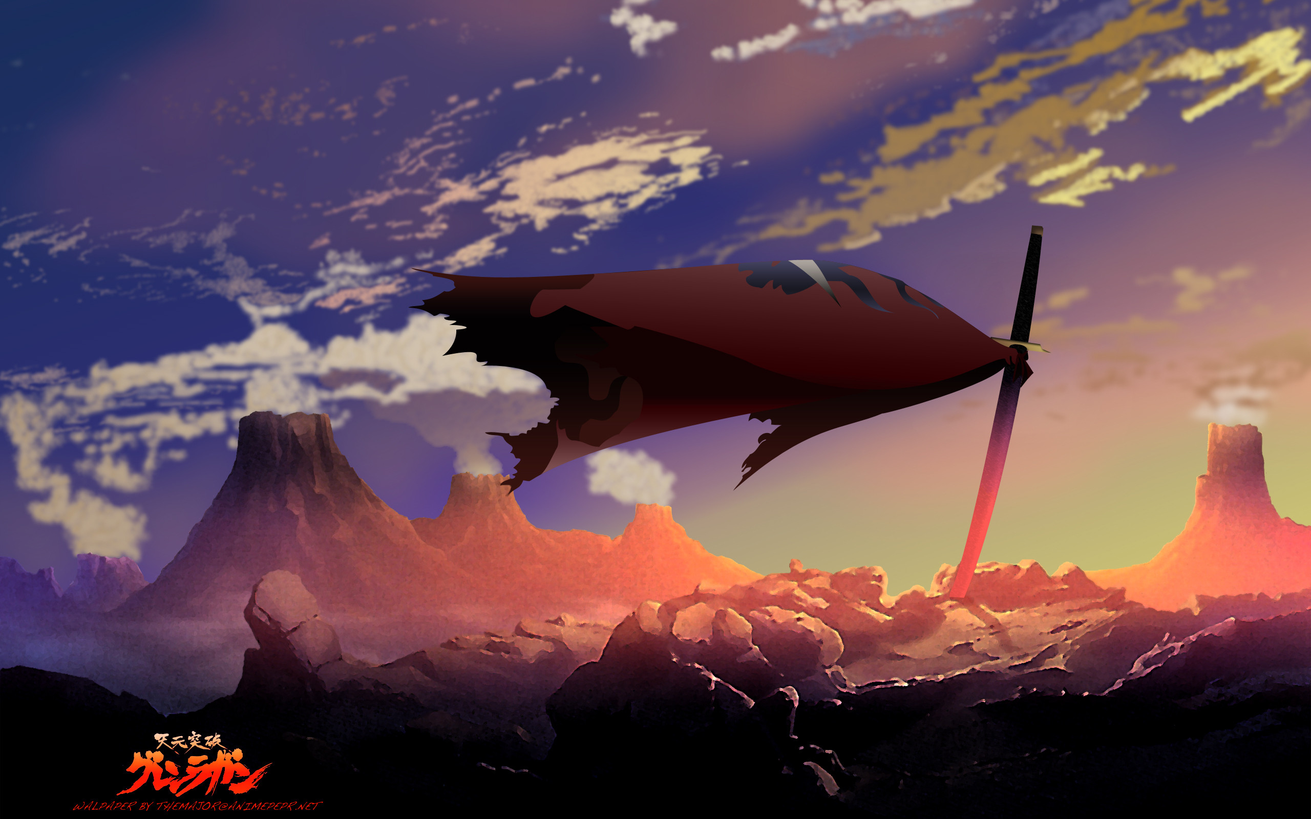 Gurren Lagann, Dai-Gurren, Nave volante, Tramonto, Nuvole, 2560x1600, immagine di sfondo