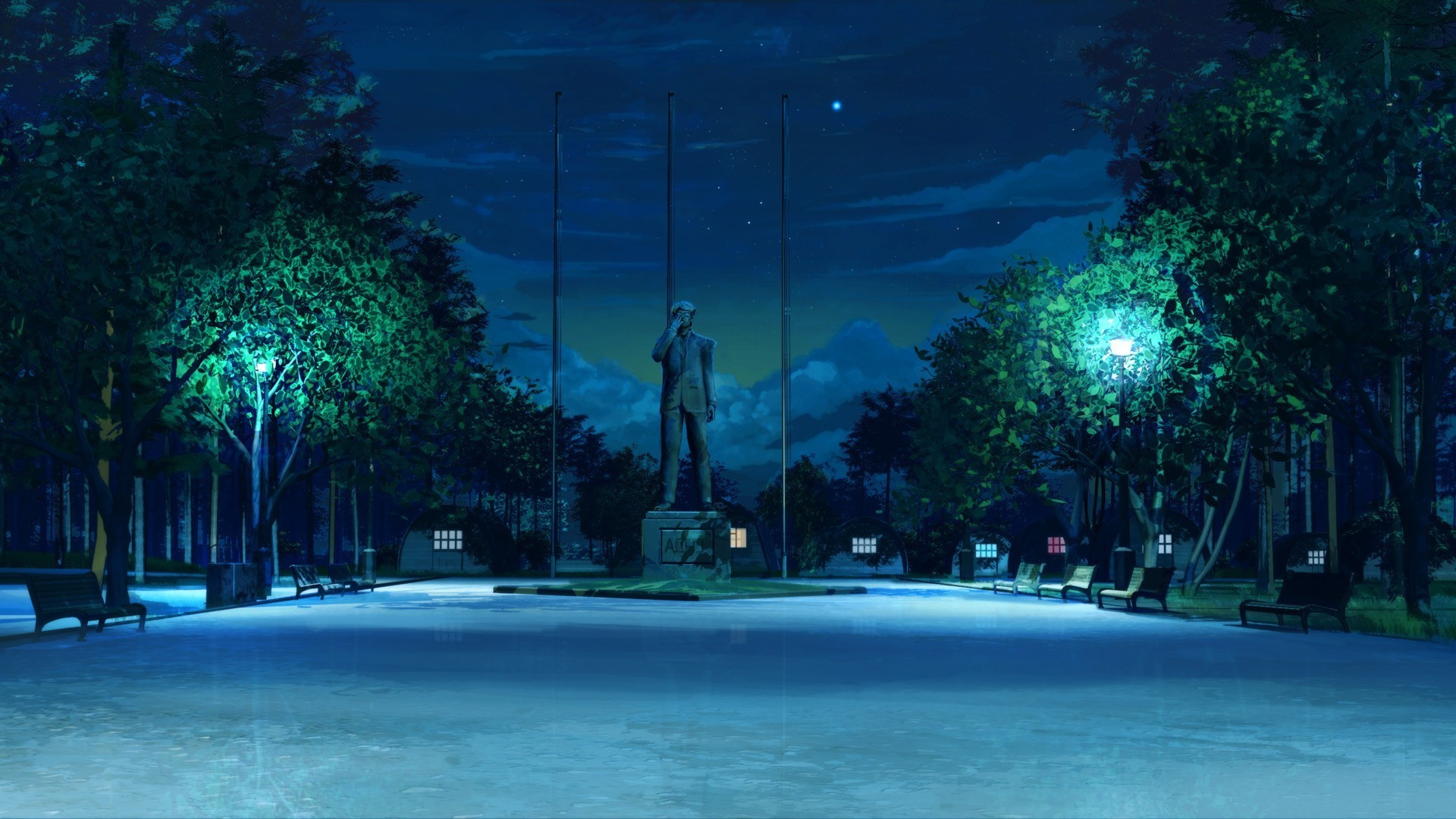 Parco notturno, Statua, Lampioni, Stelle, Full HD 1080p, sfondo desktop