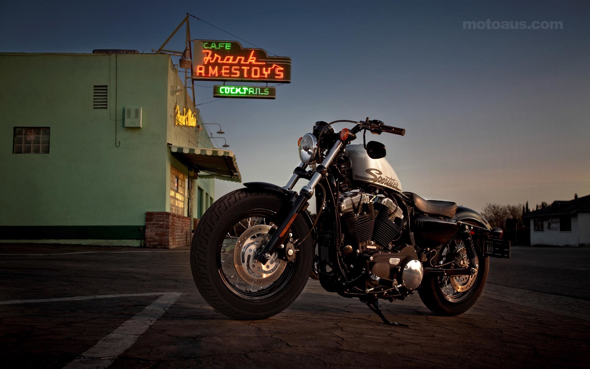Harley-Davidson Sportster Forty-Eight, Harley-Davidson, Insegna al neon, Crepuscolo, Strada, sfondo desktop