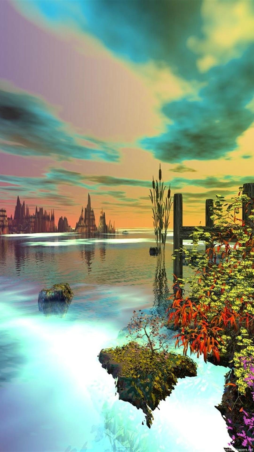 Paesaggio fantasy, Isola fluttuante, Arte digitale, immagine di sfondo iPhone 6