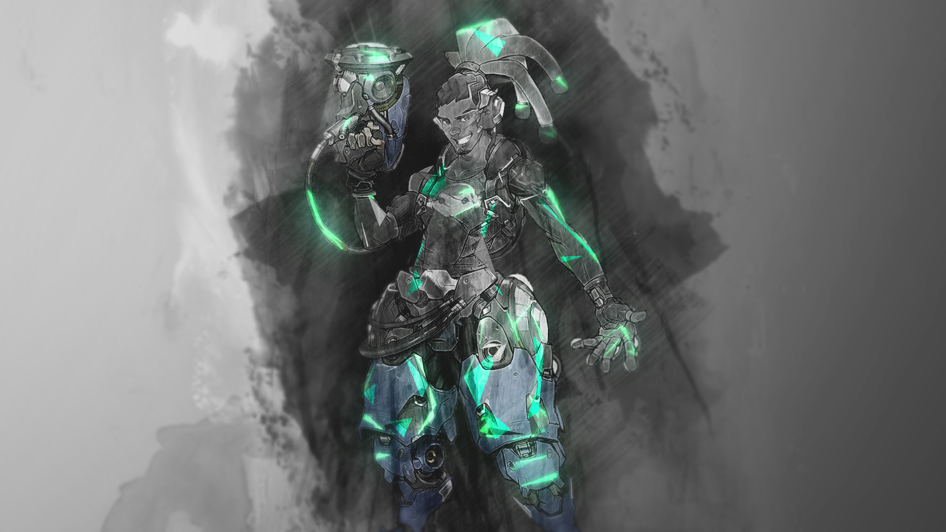 Genji, Overwatch, Acquerello, Grigio, 16:9 Full HD, sfondo widescreen