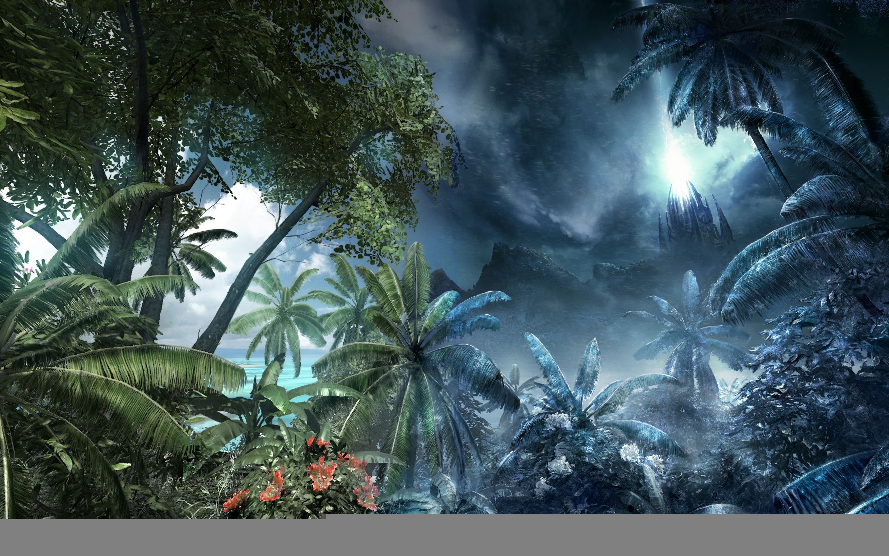 Giungla, Palme, Notte, Arte digitale, 2K, sfondo desktop