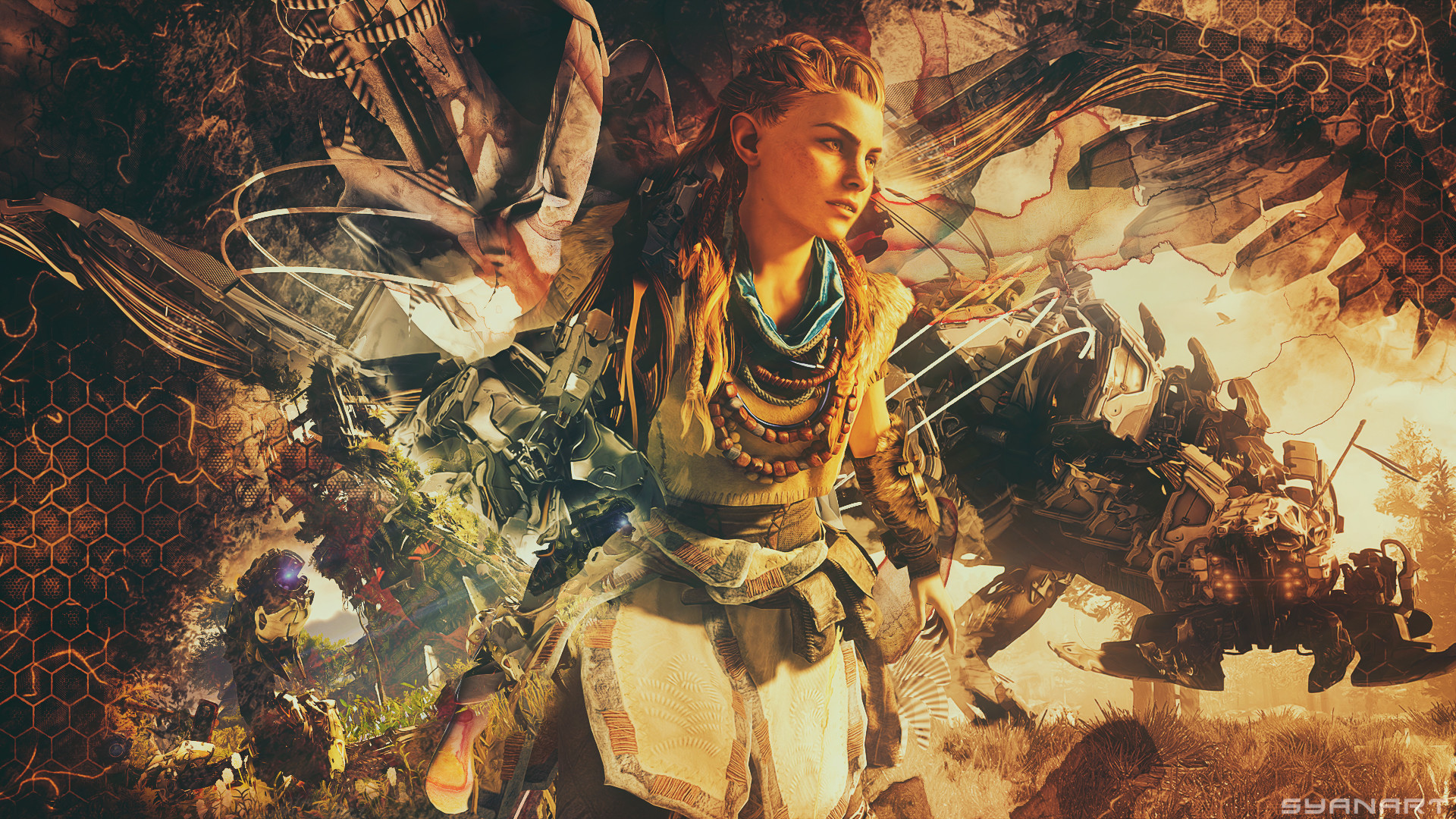 Aloy, Horizon Zero Dawn, Arte digitale, Seppia, Full HD, wallpaper per portatile
