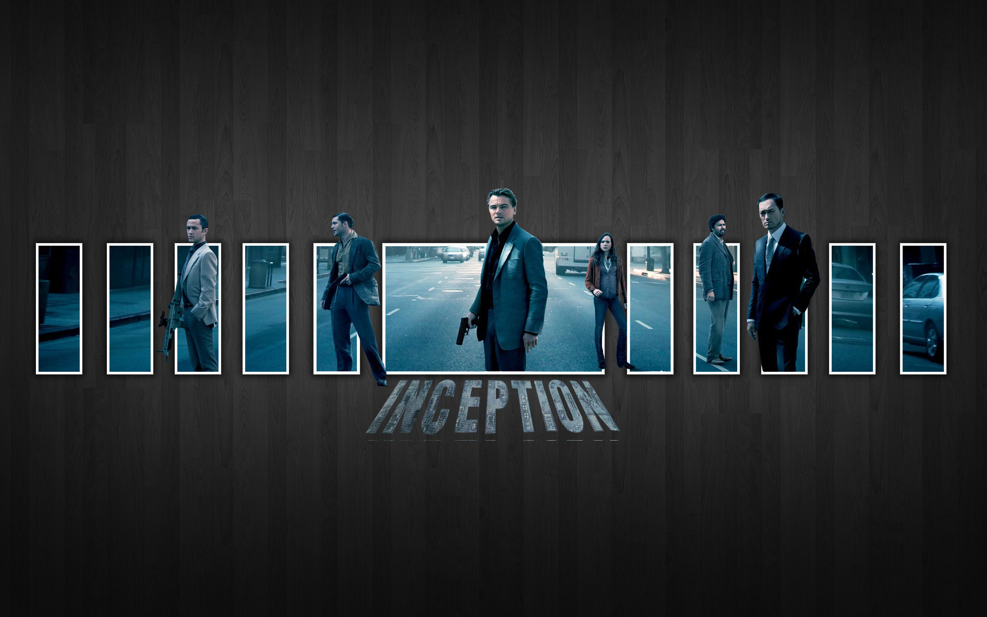 Inception, Leonardo DiCaprio, Personaggi, Collage, Legno scuro, Full HD, sfondo Windows 11