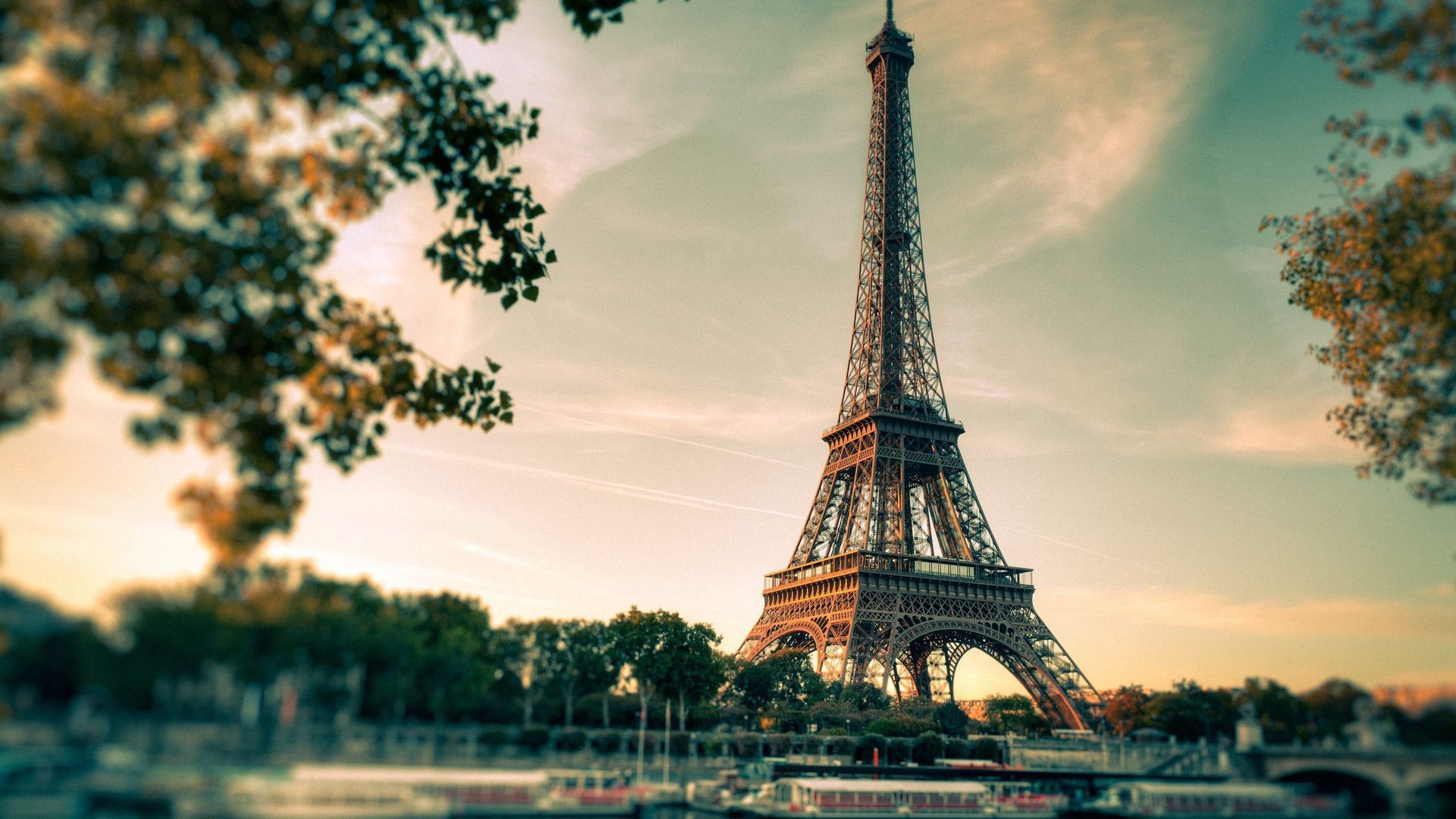 Torre Eiffel, Parigi, Alberi, Effetto specchio, 16:9 Full HD, wallpaper widescreen