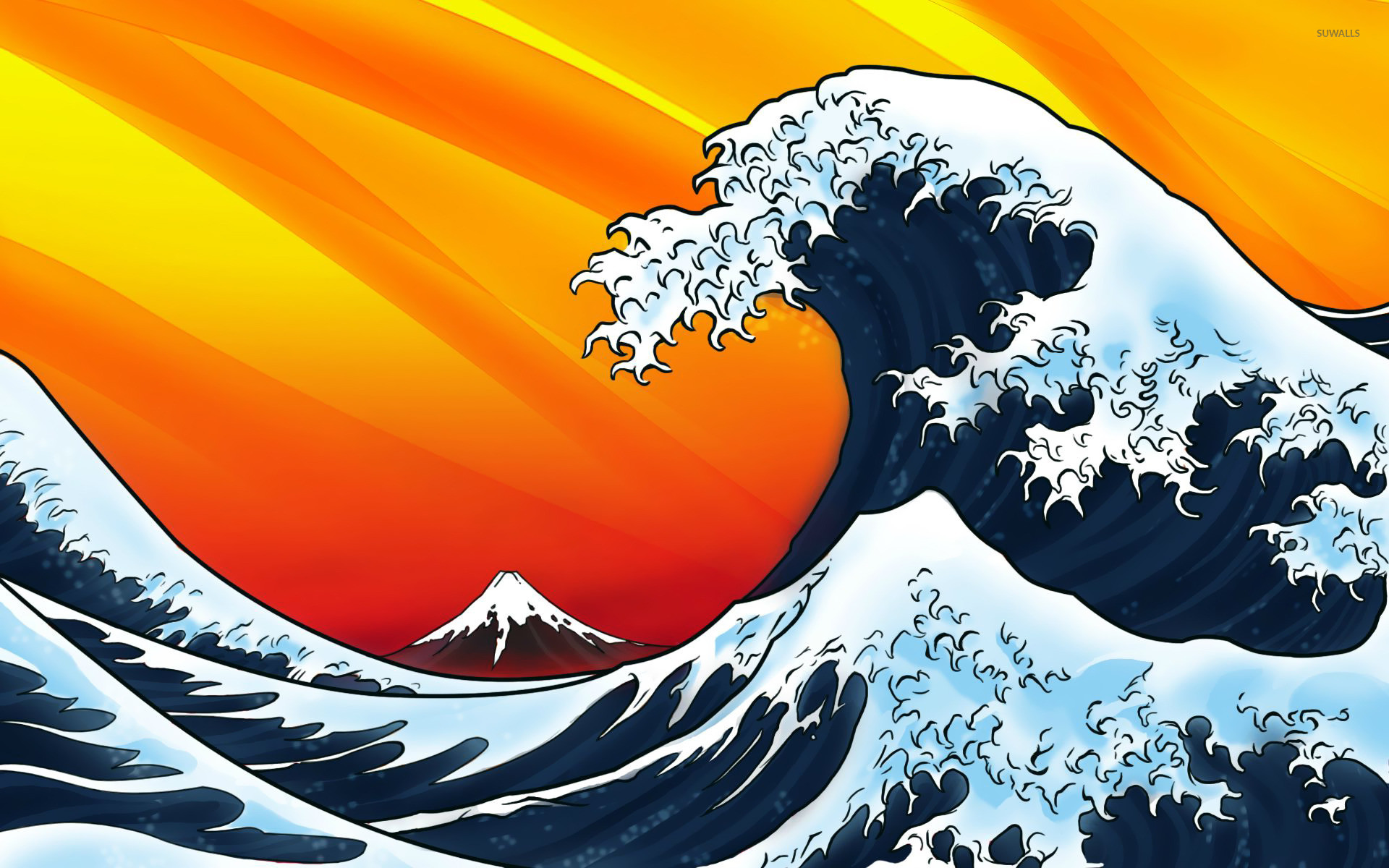 La grande onda di Kanagawa, Hokusai, Monte Fuji, Arancione, Pop art, wallpaper 1920x1200