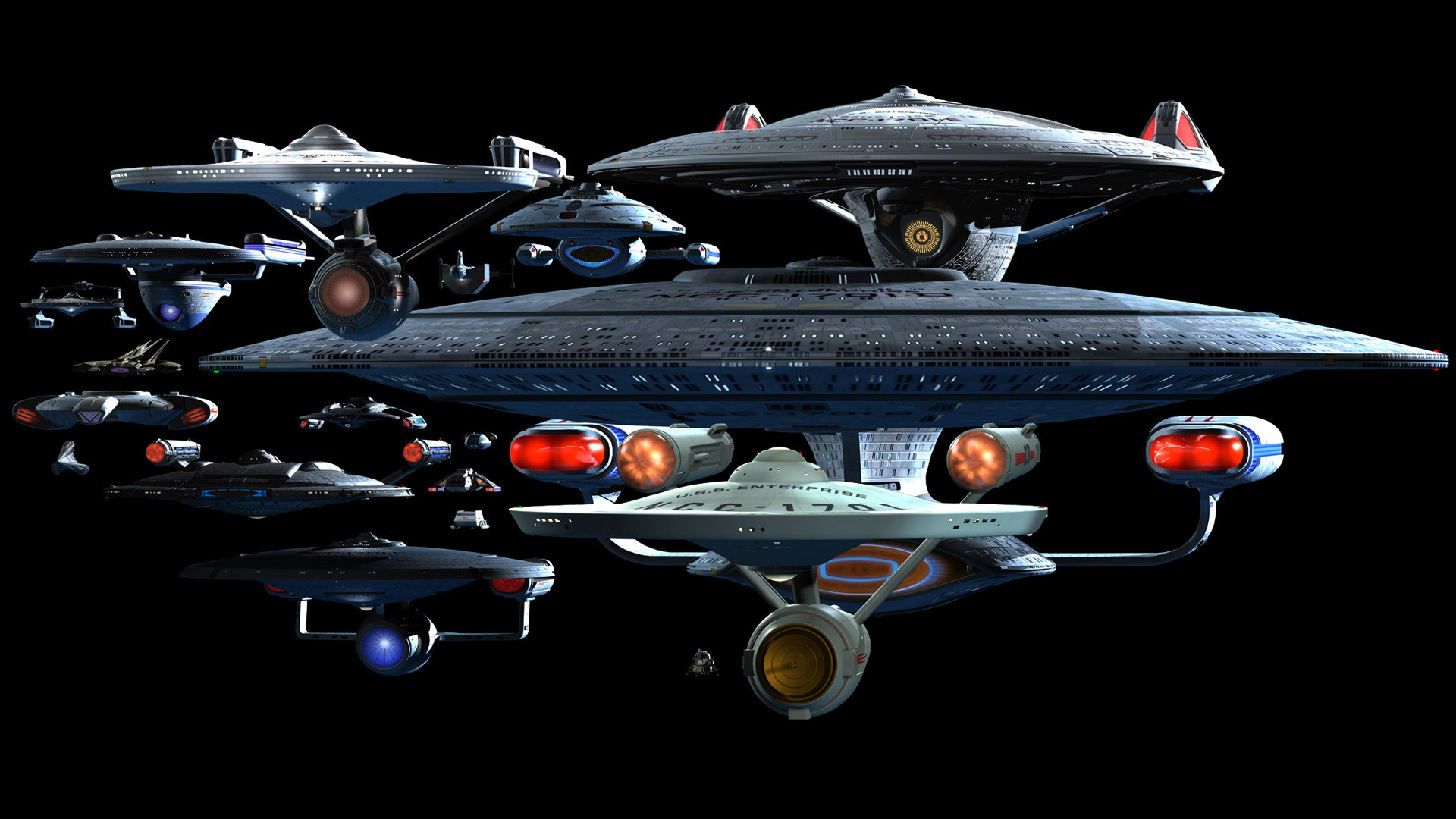 USS Enterprise, Star Trek, Astronavi, Generazioni dell'Enterprise, Sfondo nero, wallpaper desktop