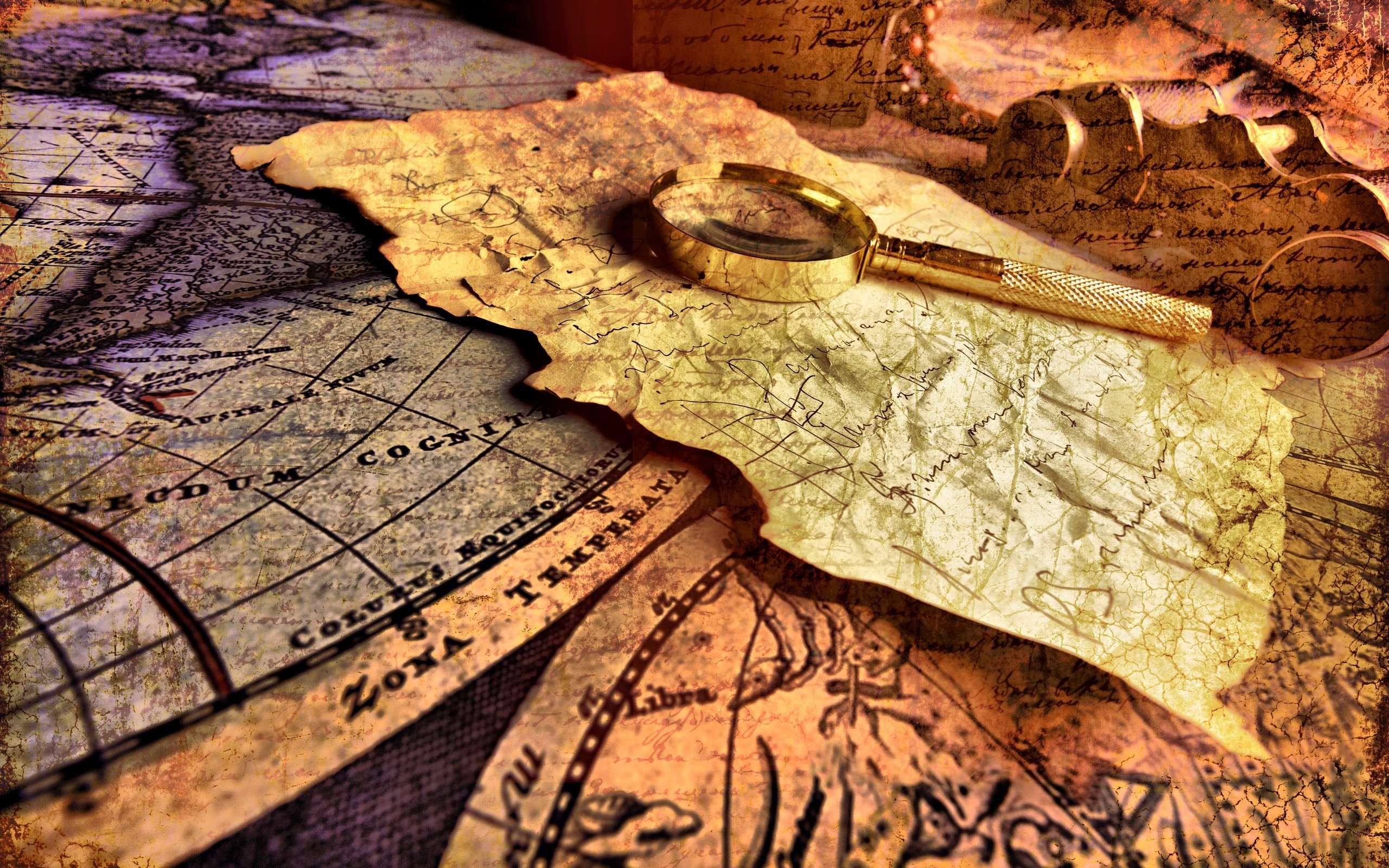 Mappa antica, Lente d'ingrandimento, Pergamena, 2560x1600, sfondo per PC