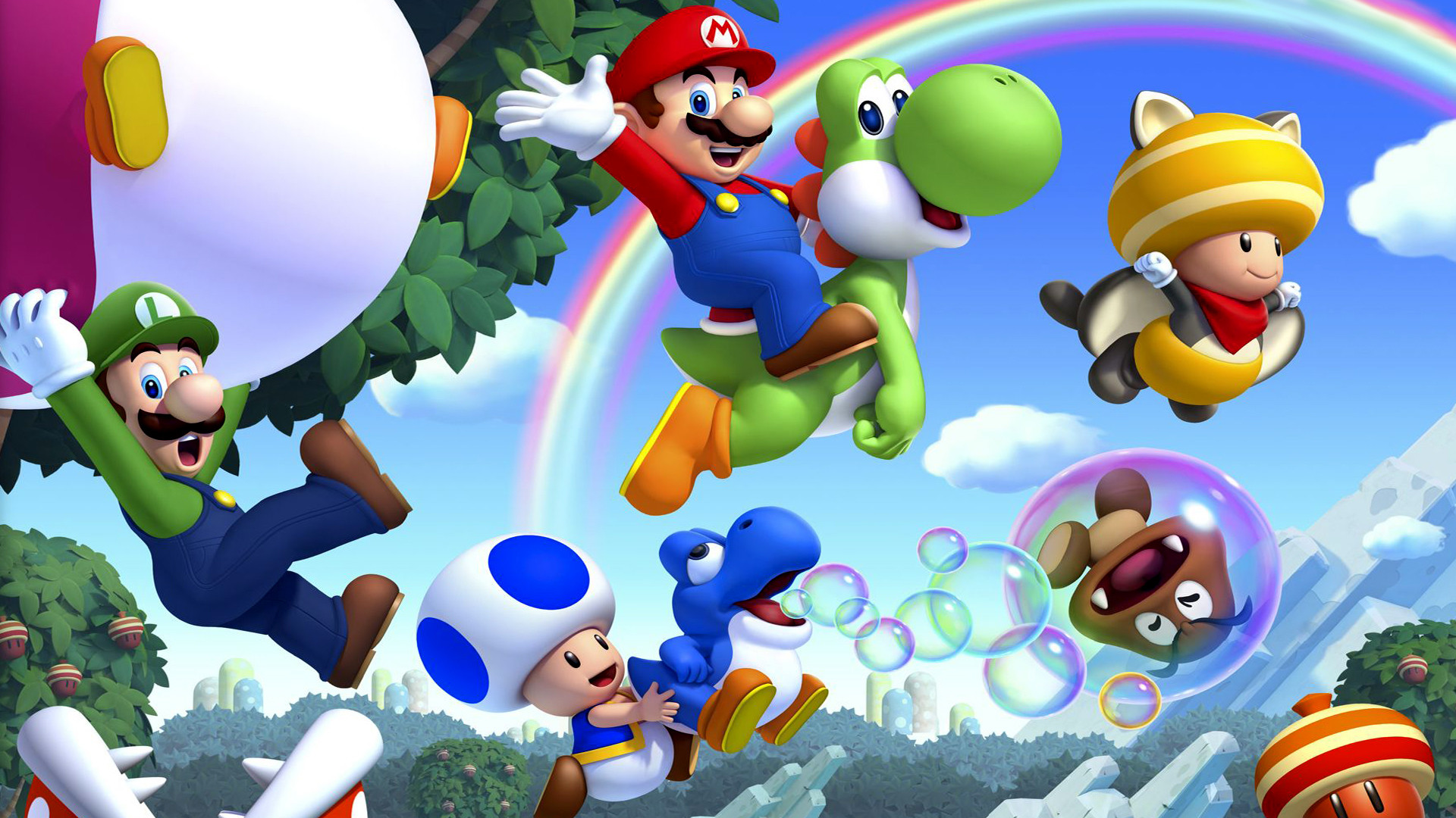 New Super Mario Bros. U, Mario, Luigi, Yoshi, Toad, Arcobaleno, Full HD, sfondo Windows 11
