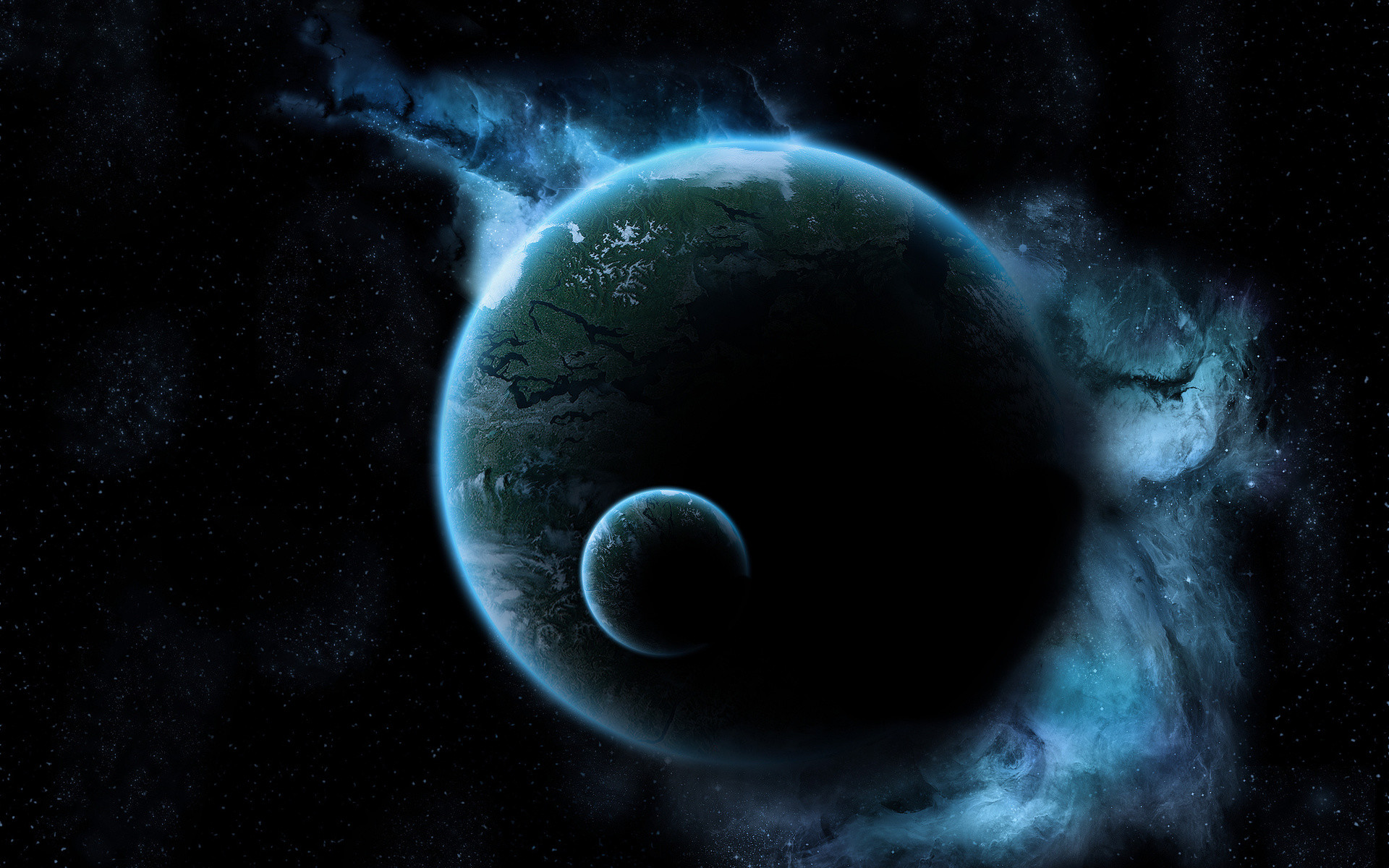 Pianeta, Luna, Nebulosa, Buio, 16:10 Full HD, sfondo widescreen