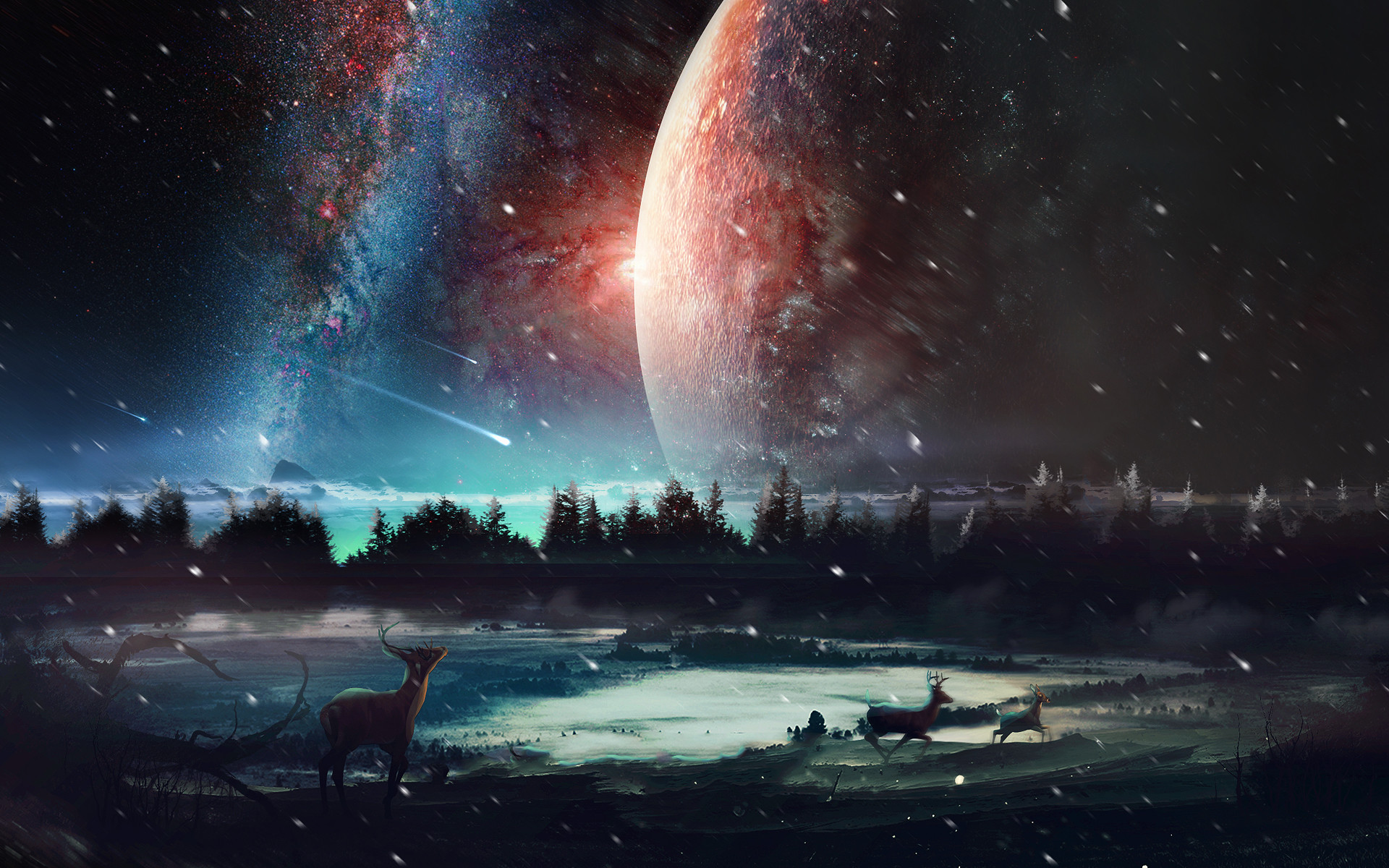 Pianeta, Via Lattea, Cervi, Foresta, Notte, 16:10 Full HD, wallpaper widescreen