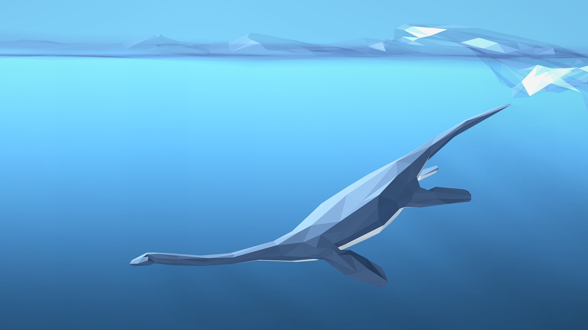 Low poly, Plesiosauro, Sott'acqua, Blu, Full HD, sfondo per portatile