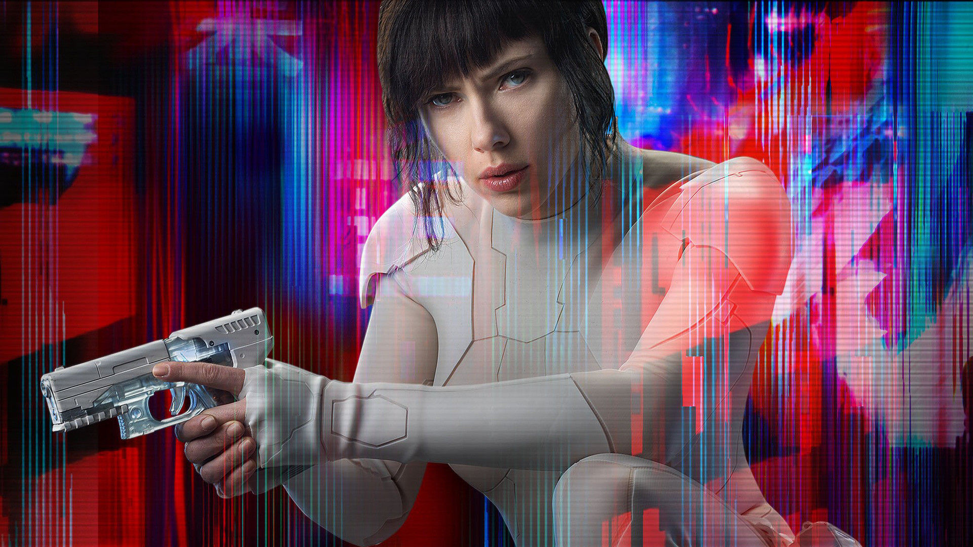Scarlett Johansson, Maggiore Mira Killian, Ghost in the Shell (2017), Pistola, Glitch, sfondo 1080p