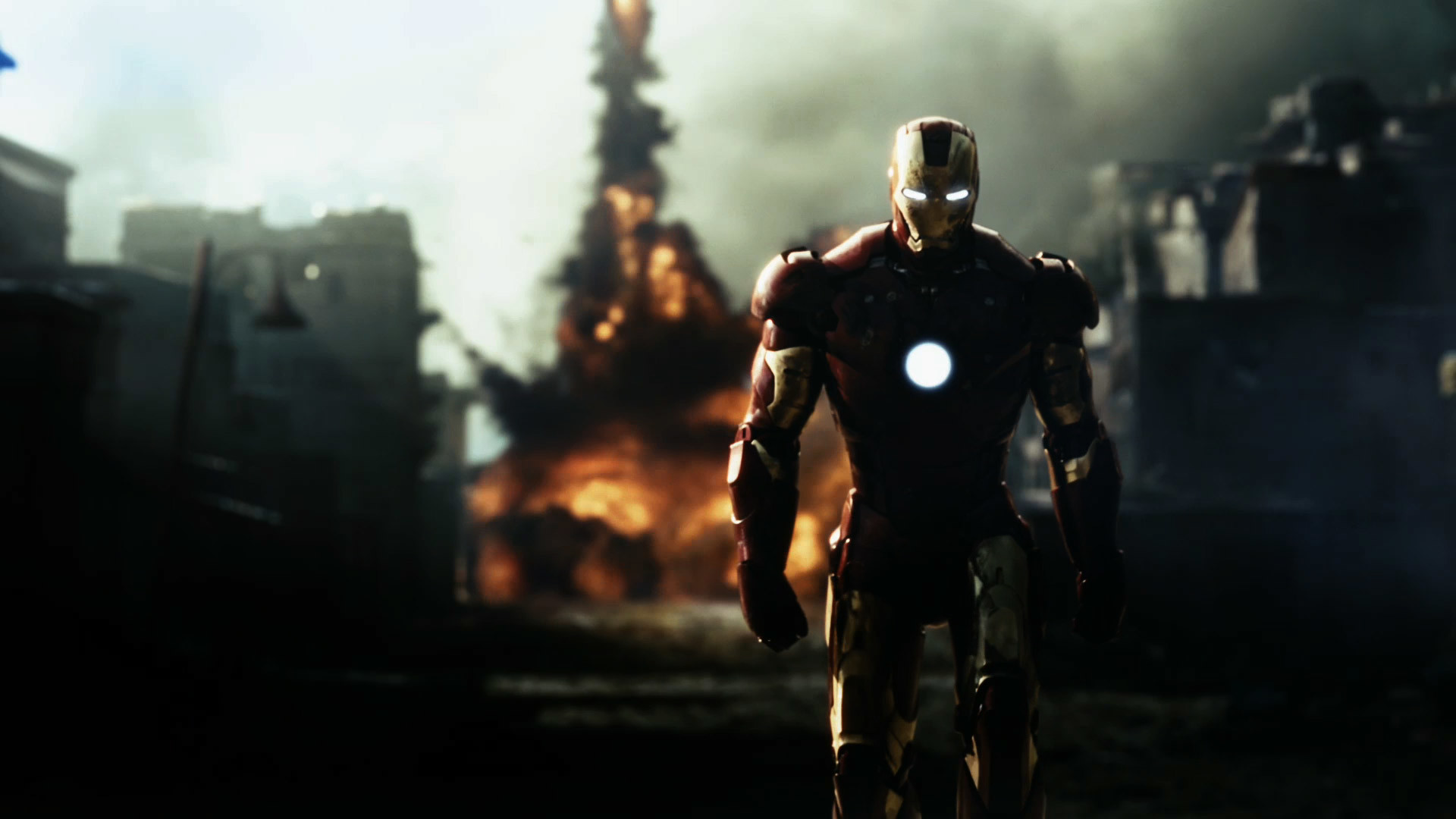 Iron Man, Mark III, Esplosione, Città in rovina, Full HD, sfondo Windows 11