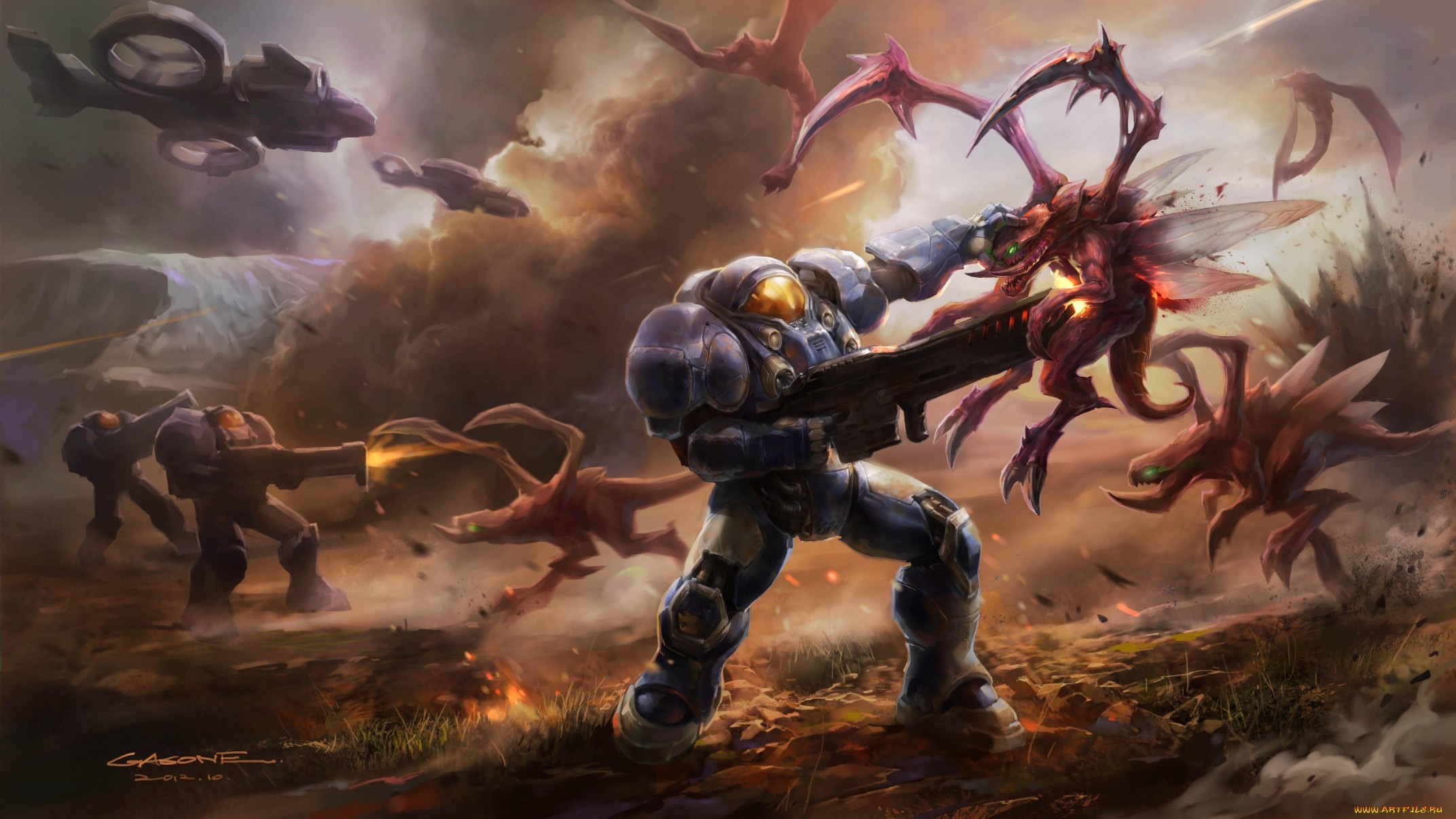 StarCraft II, Marine terrestre, Zerg, Hydralisk, Battaglia, 16:9 Full HD, sfondo widescreen