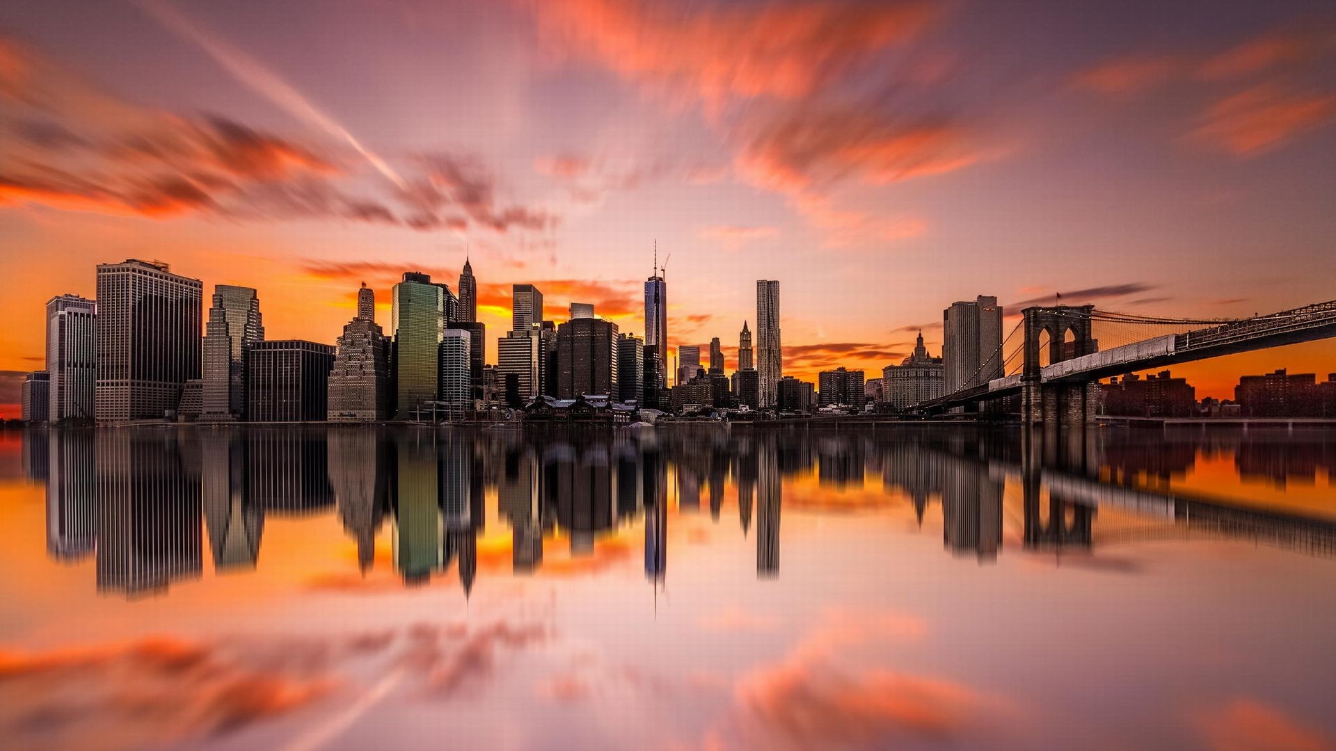 Lower Manhattan, Ponte di Brooklyn, Tramonto, Riflesso, Full HD, wallpaper desktop