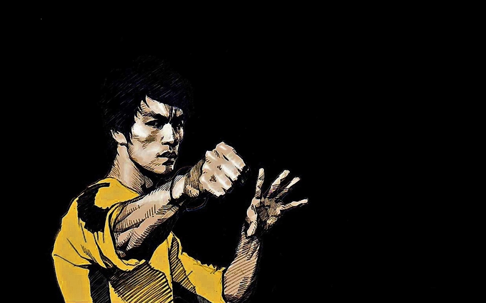 Bruce Lee, L'ultimo combattimento di Chen, Tuta gialla, Posa di kung fu, Sfondo nero, wallpaper desktop