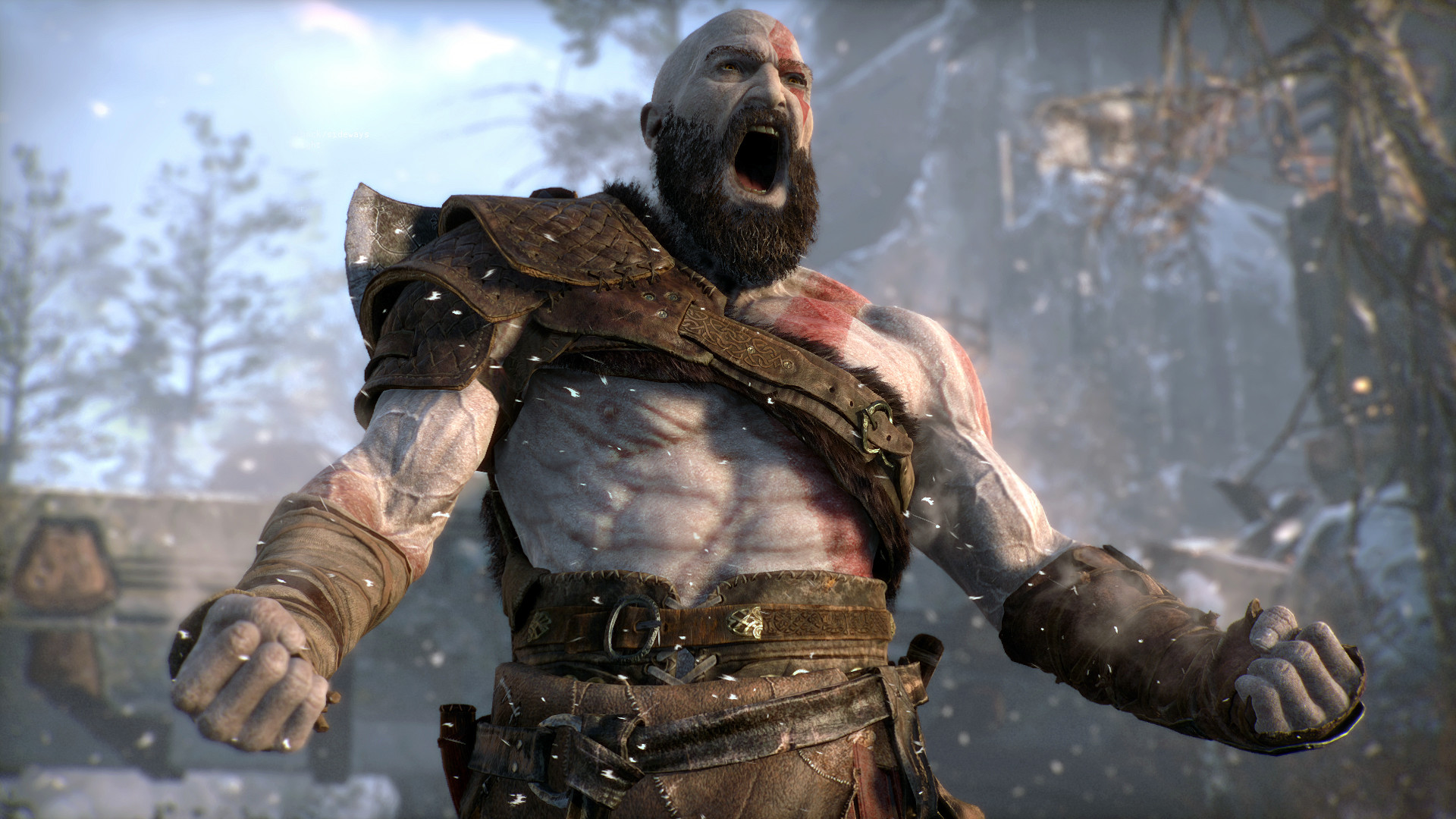 Kratos, God of War (2018), Urlo, Barba, Neve, 16:9 Full HD, sfondo widescreen